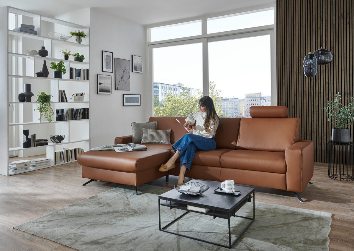 ECKSOFA in Echtleder Cognac  - Cognac/Schwarz, Design, Leder/Metall (165/267cm) - Lomoco
