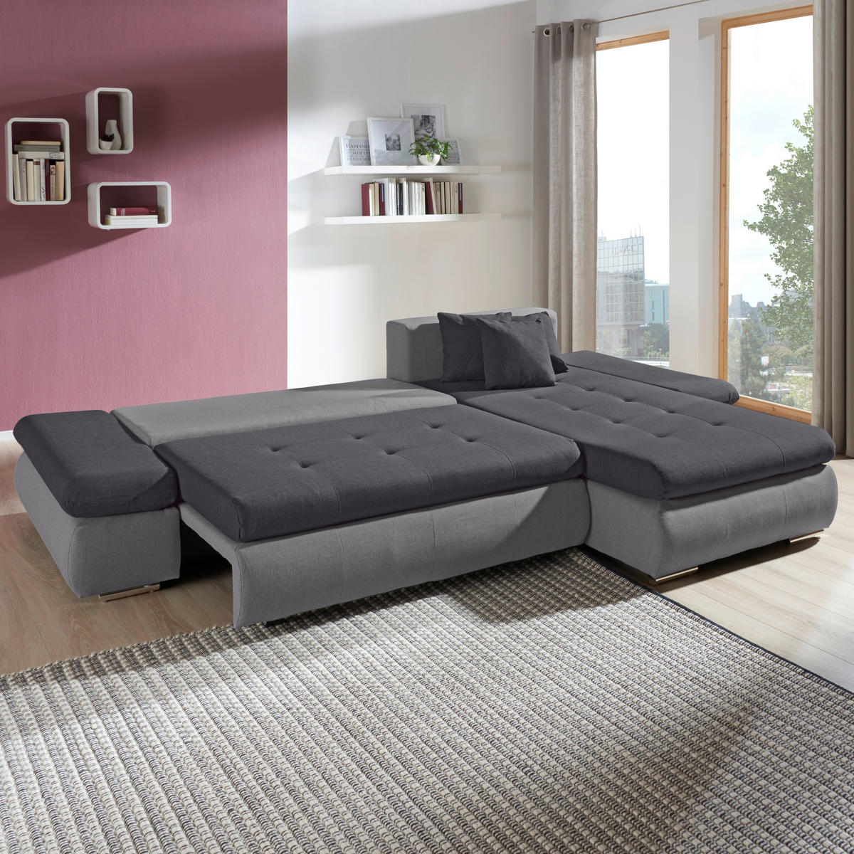 ECKSOFA in Webstoff Anthrazit, Dunkelgrau  - Chromfarben/Dunkelgrau, Design, Kunststoff/Textil (302/187cm) - Carryhome