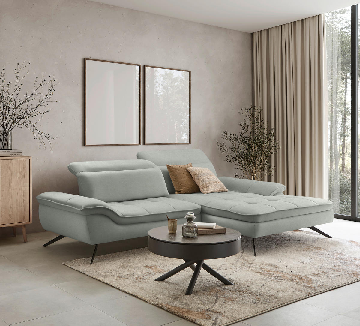 ECKSOFA in Webstoff Hellgrau  288/179-202 cm  - Hellgrau/Schwarz, Design, Textil/Metall (288/179-202cm) - Stylife