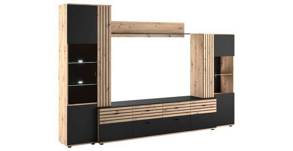 WOHNWAND  in Schwarz, Eiche Artisan  300/199,8/45 cm  - Schwarz/Eiche Artisan, KONVENTIONELL, Glas/Holzwerkstoff (300/199,8/45cm) - Carryhome
