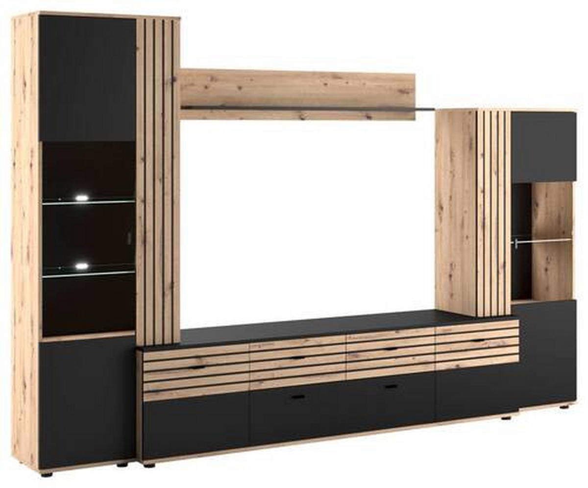 WOHNWAND  in Schwarz, Eiche Artisan  300/199,8/45 cm  - Schwarz/Eiche Artisan, KONVENTIONELL, Glas/Holzwerkstoff (300/199,8/45cm) - Carryhome