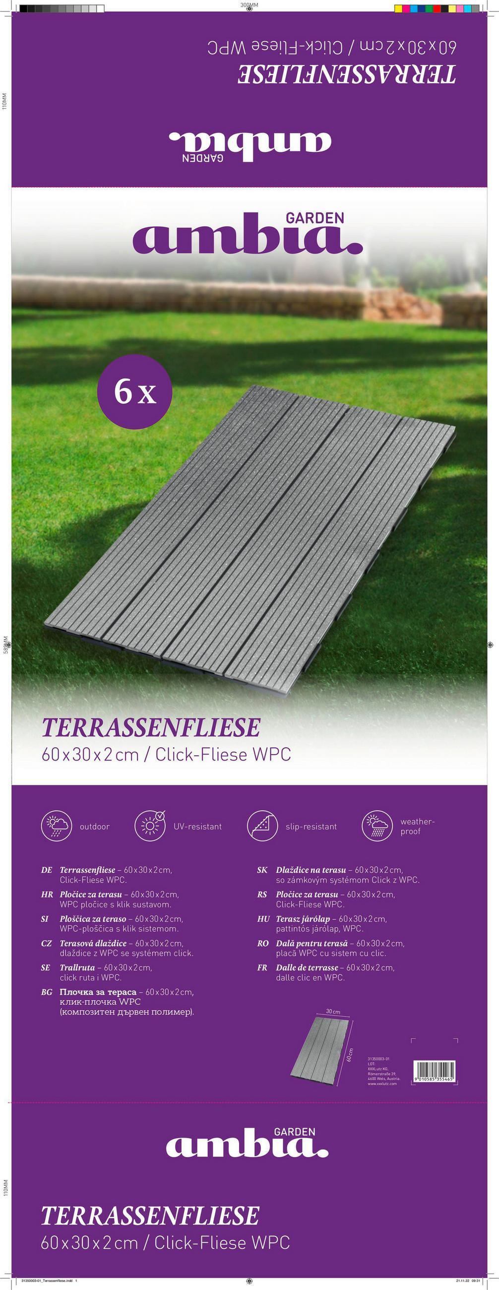 TERRASSENFLIESE 6 Stück  - Grau, Basics, Kunststoff (60/30/2cm) - Ambia Garden