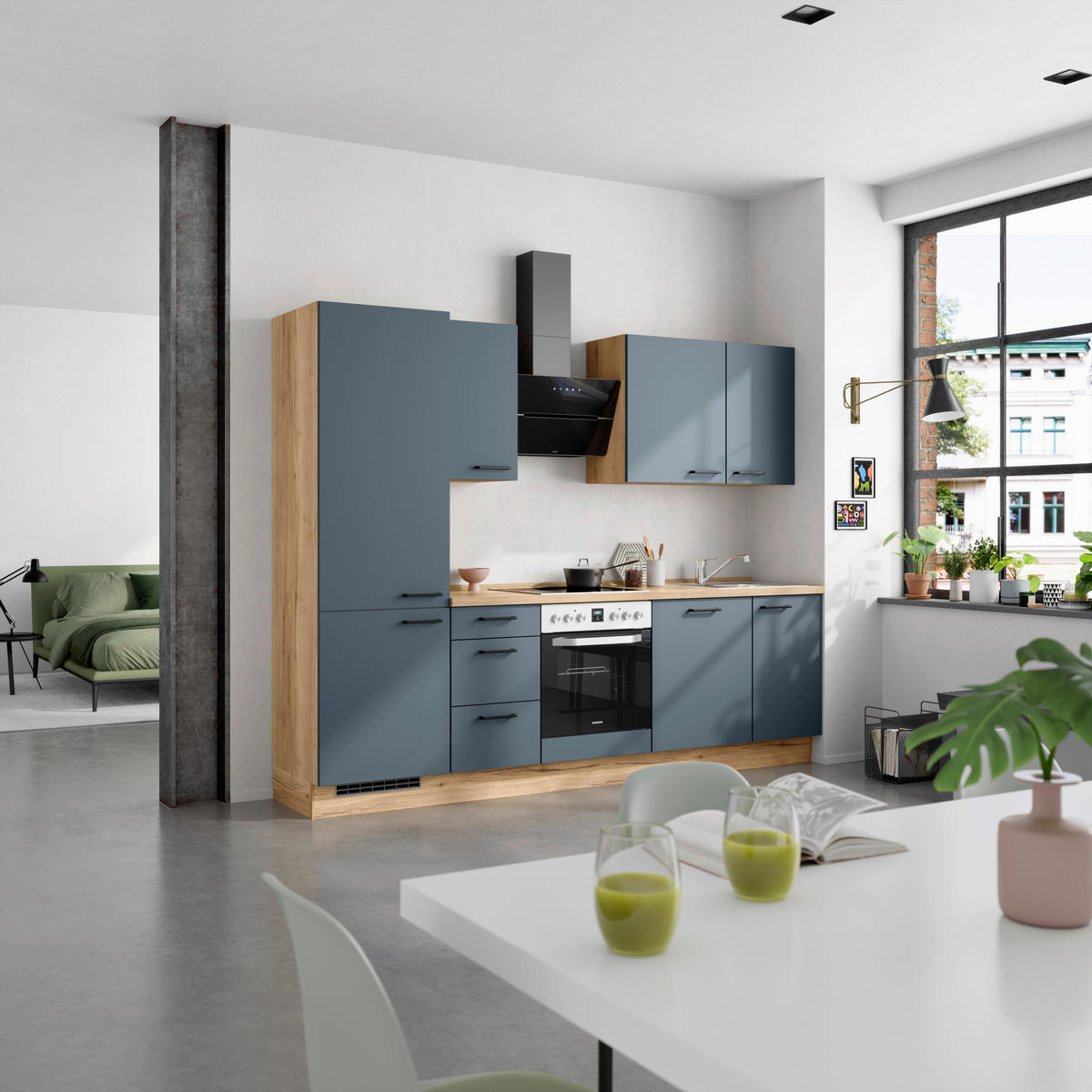 KÜCHENBLOCK Easytouch 270 cm  in Eichefarben, Dunkelblau  - Eichefarben/Schwarz, MODERN, Holzwerkstoff/Metall (270cm) - Nobilia