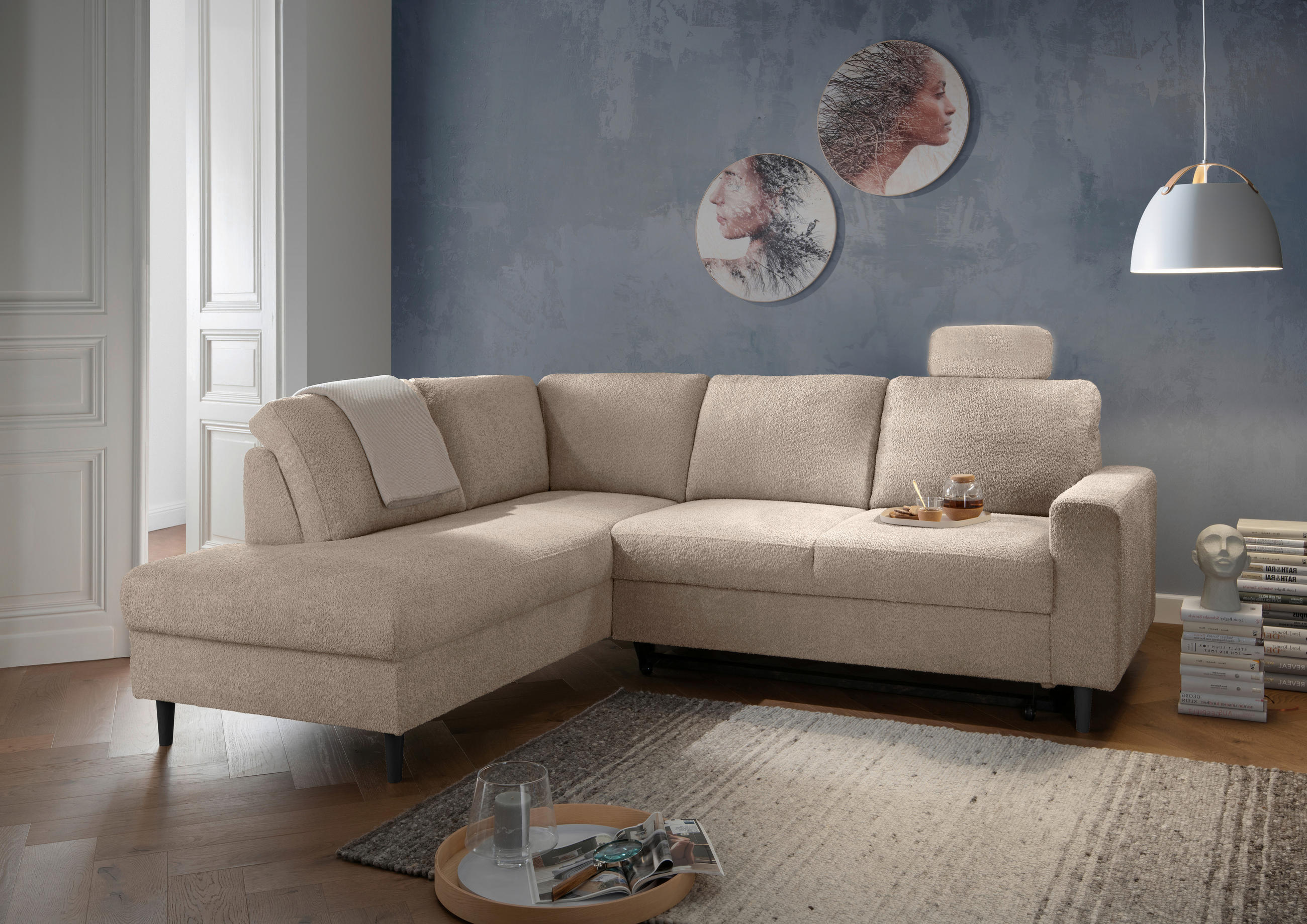 ECKSCHLAFSOFA in Beige Textil   - Beige/Schwarz, Modern, Holz/Textil (200/242cm) - Livetastic