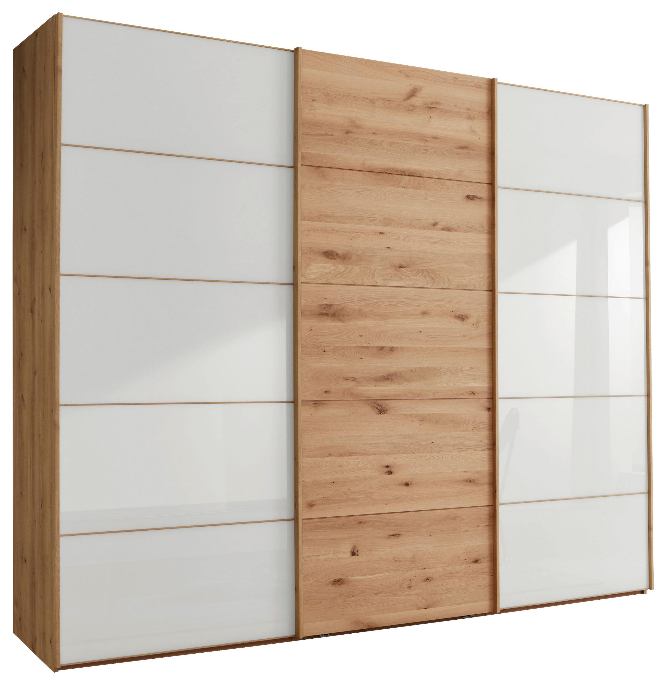 SCHWEBETÜRENSCHRANK 250/217/67 cm 3-türig Weiß, Eiche Bianco  - Eiche Bianco/Weiß, Natur, Glas/Holz (250/217/67cm) - Linea Natura