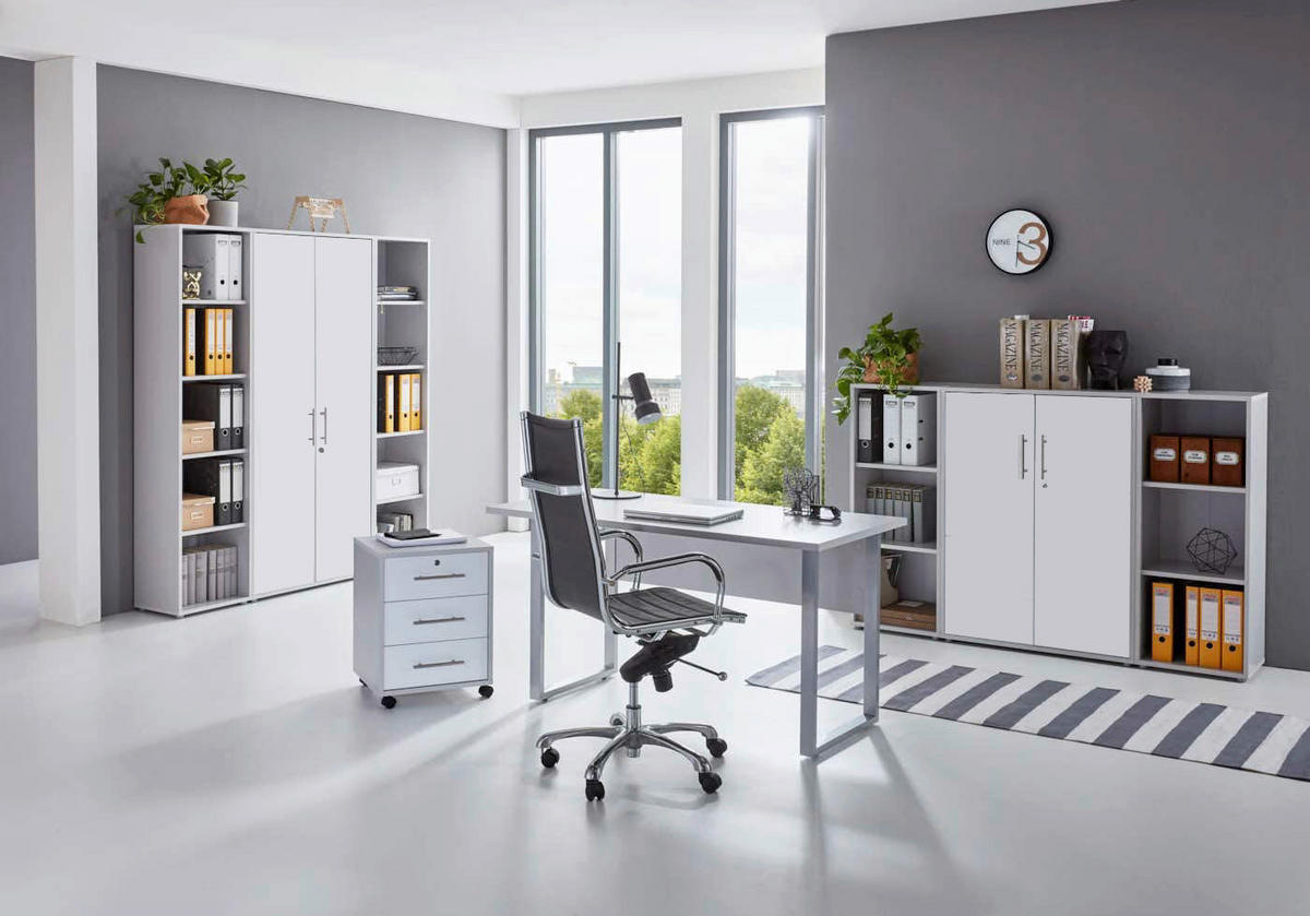 BÜRO erweiterbar, abschließbar Grau, Weiß - Weiß/Grau, MODERN, Holzwerkstoff/Metall - MID.YOU