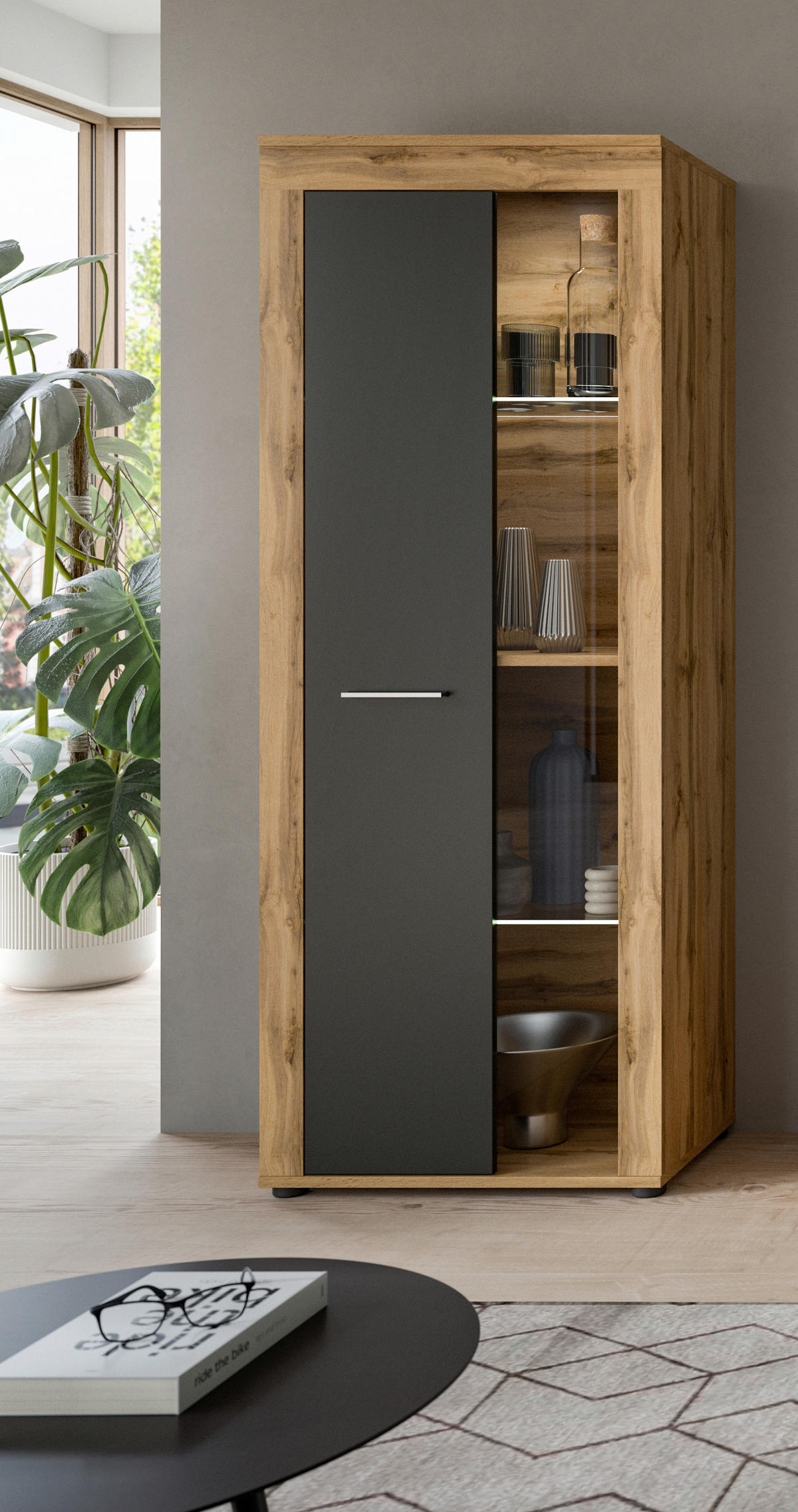 VITRINE  in Grau  - Silberfarben/Eiche Wotan, Design, Glas/Holzwerkstoff (60/159/35cm) - MID.YOU