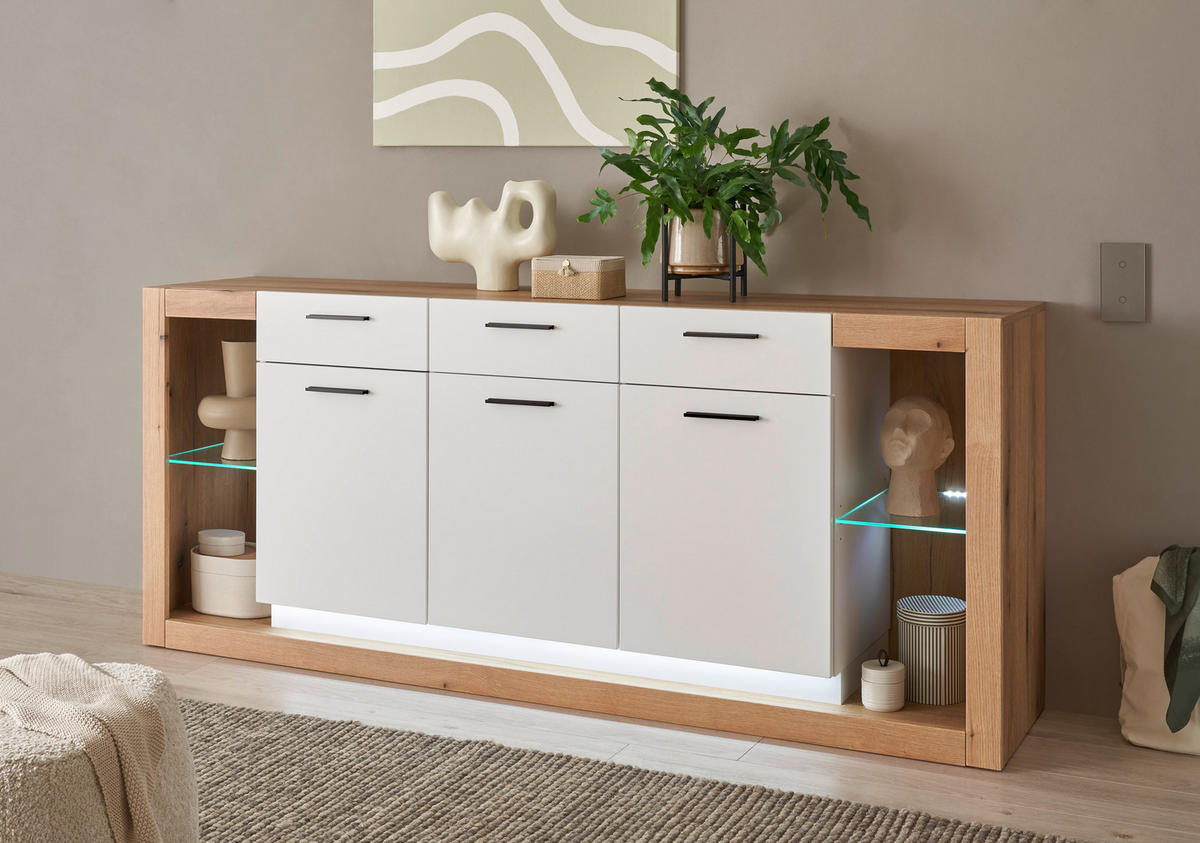 SIDEBOARD  198/83/43 cm 3 Schublade(n)  - Eichefarben/Schwarz, Design, Glas/Holzwerkstoff (198/83/43cm) - MID.YOU