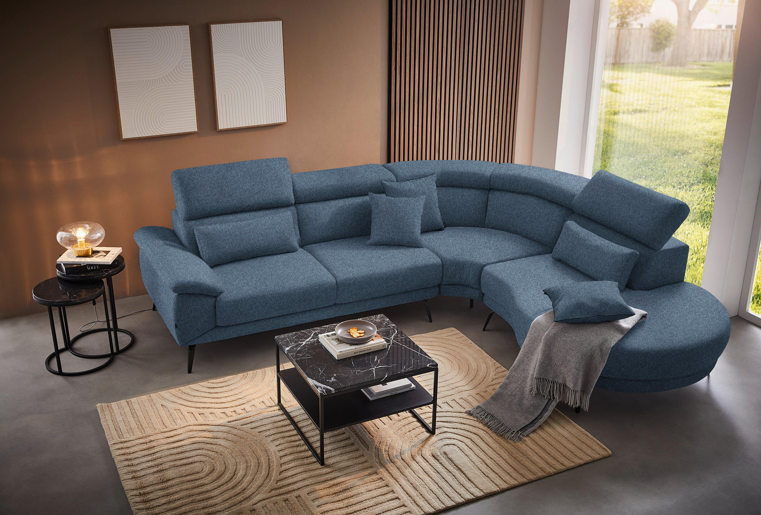 ECKSOFA Blau Velours  - Blau/Schwarz, Design, Textil/Metall (299/264cm) - Novel