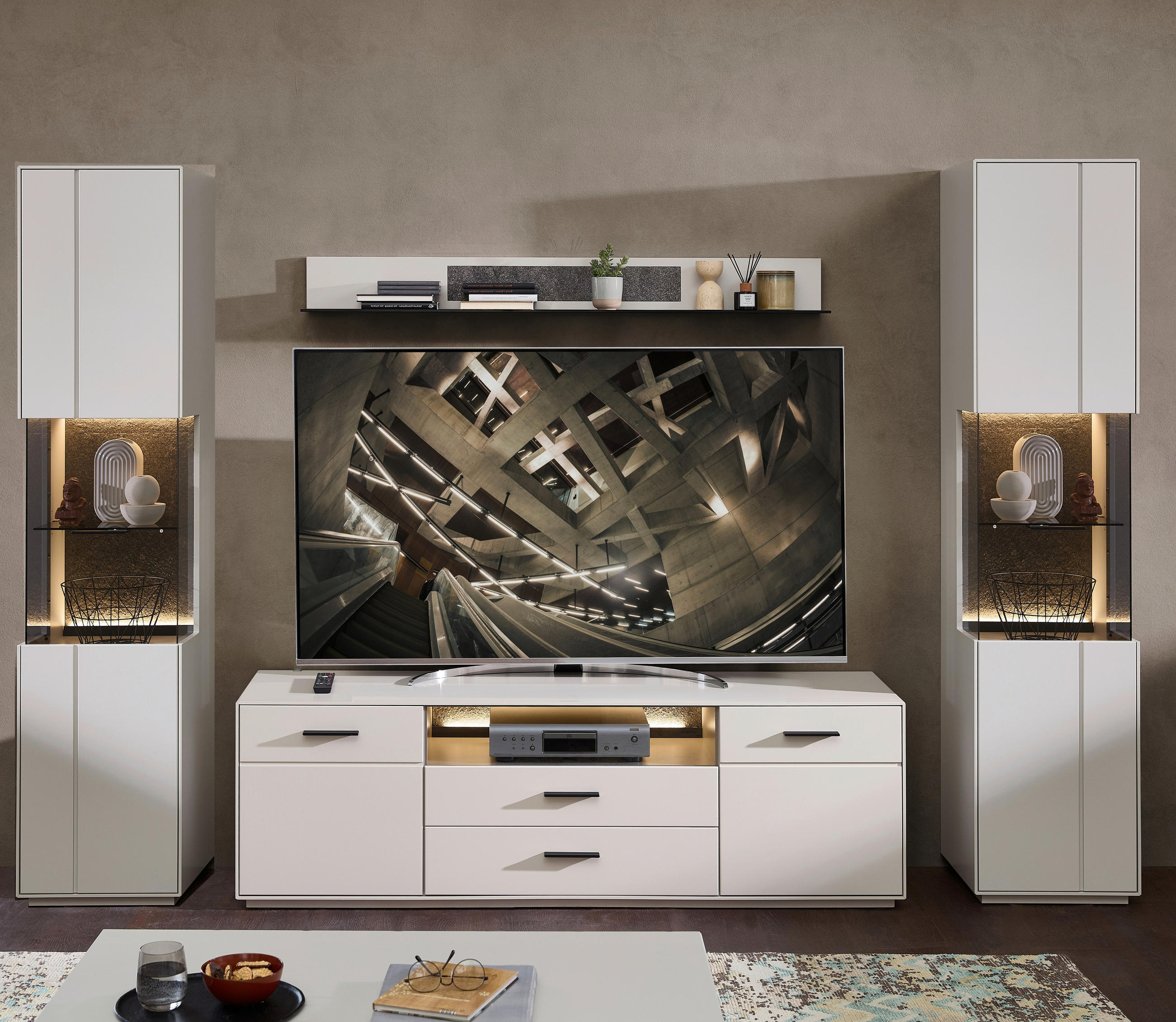 WOHNWAND  in Hellgrau, Sahara  300/204/45 cm  - Hellgrau/Schwarz, Design, Glas/Holzwerkstoff (300/204/45cm) - Novel