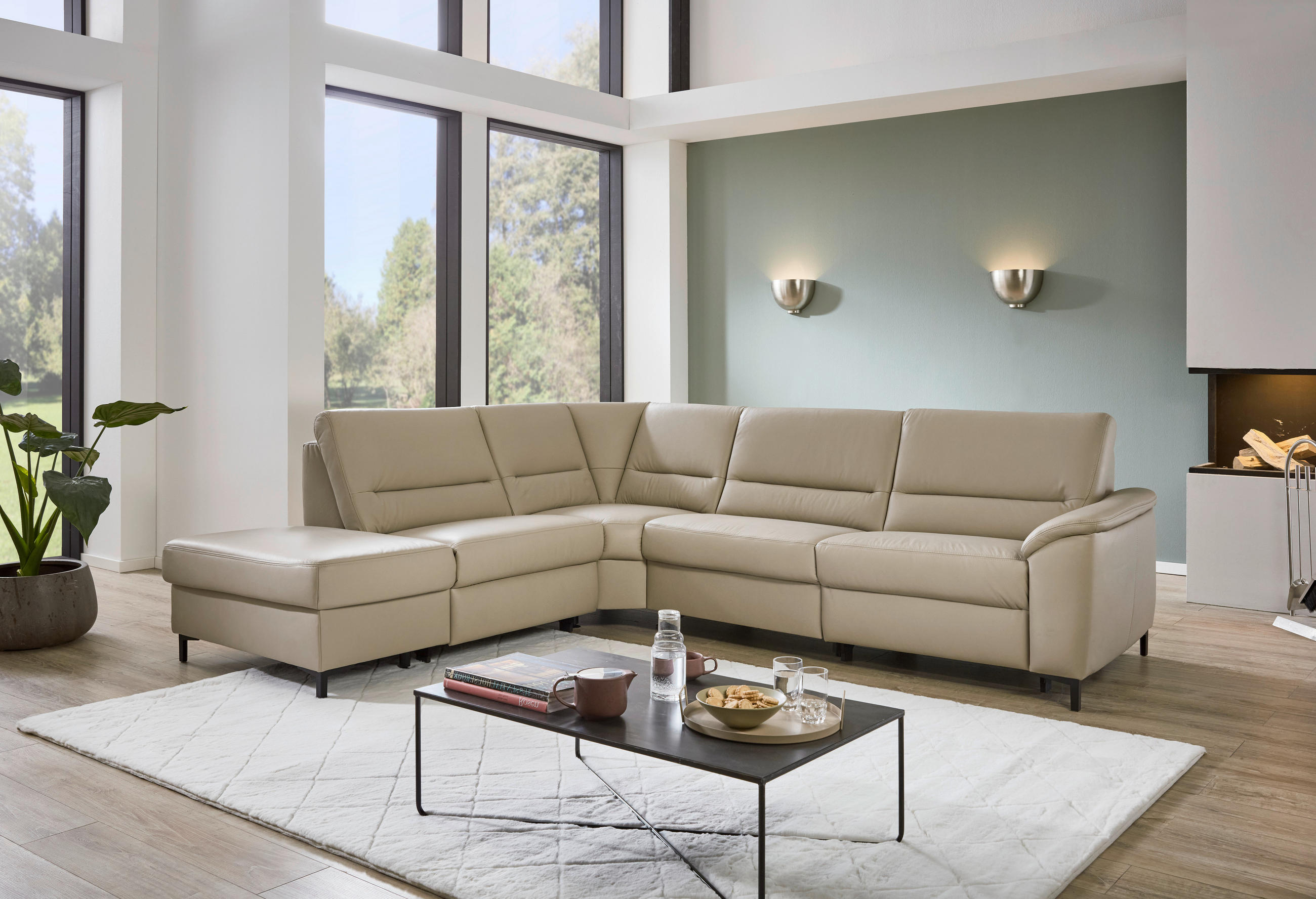 ECKSOFA Perlmutt Echtleder  - Perlmutt/Schwarz, KONVENTIONELL, Leder/Metall (247/290cm) - Beldomo Premium