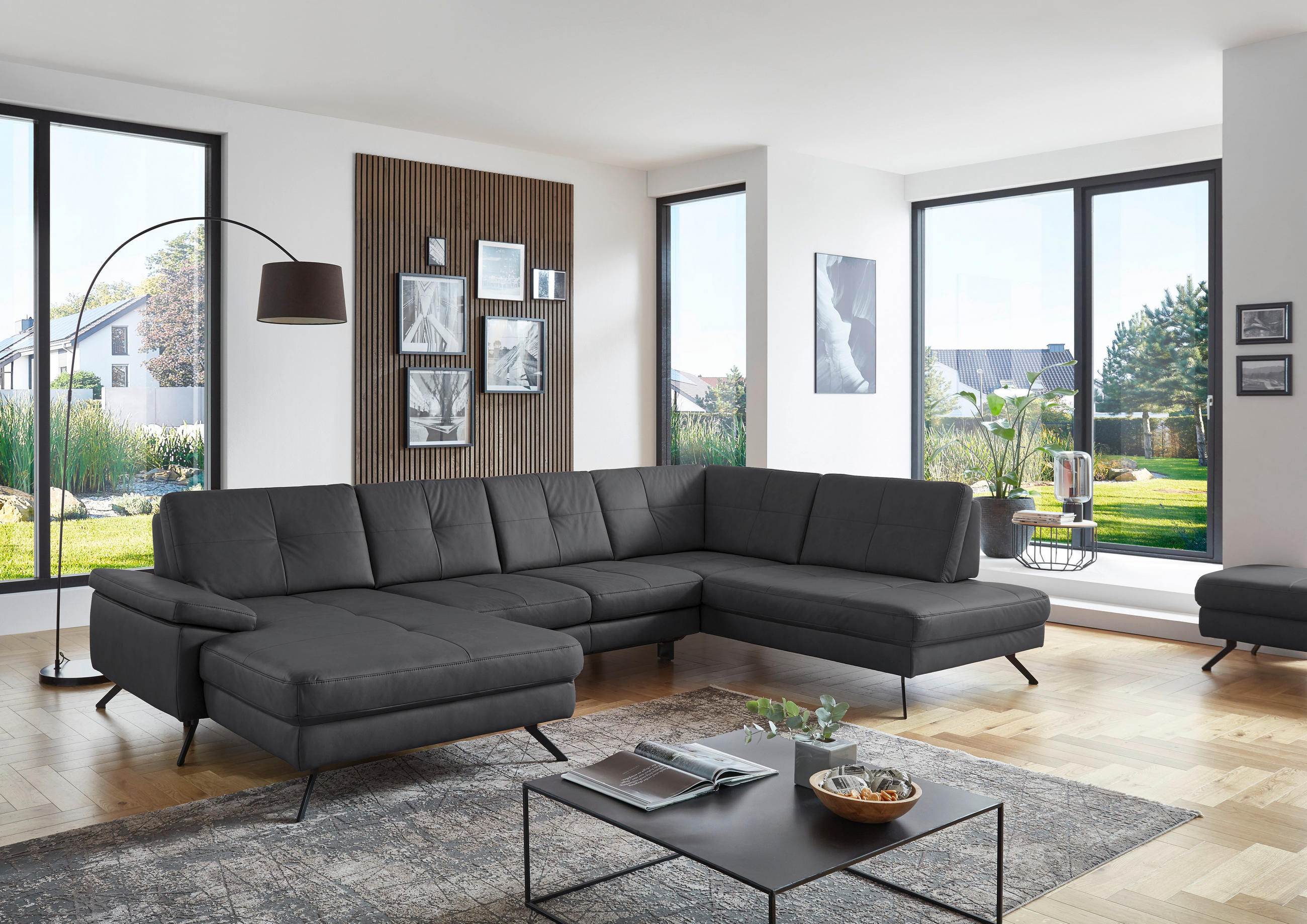WOHNLANDSCHAFT in Lederlook, Mikrofaser Grau  - Schwarz/Grau, Design, Textil/Metall (179/343/220cm) - Beldomo System