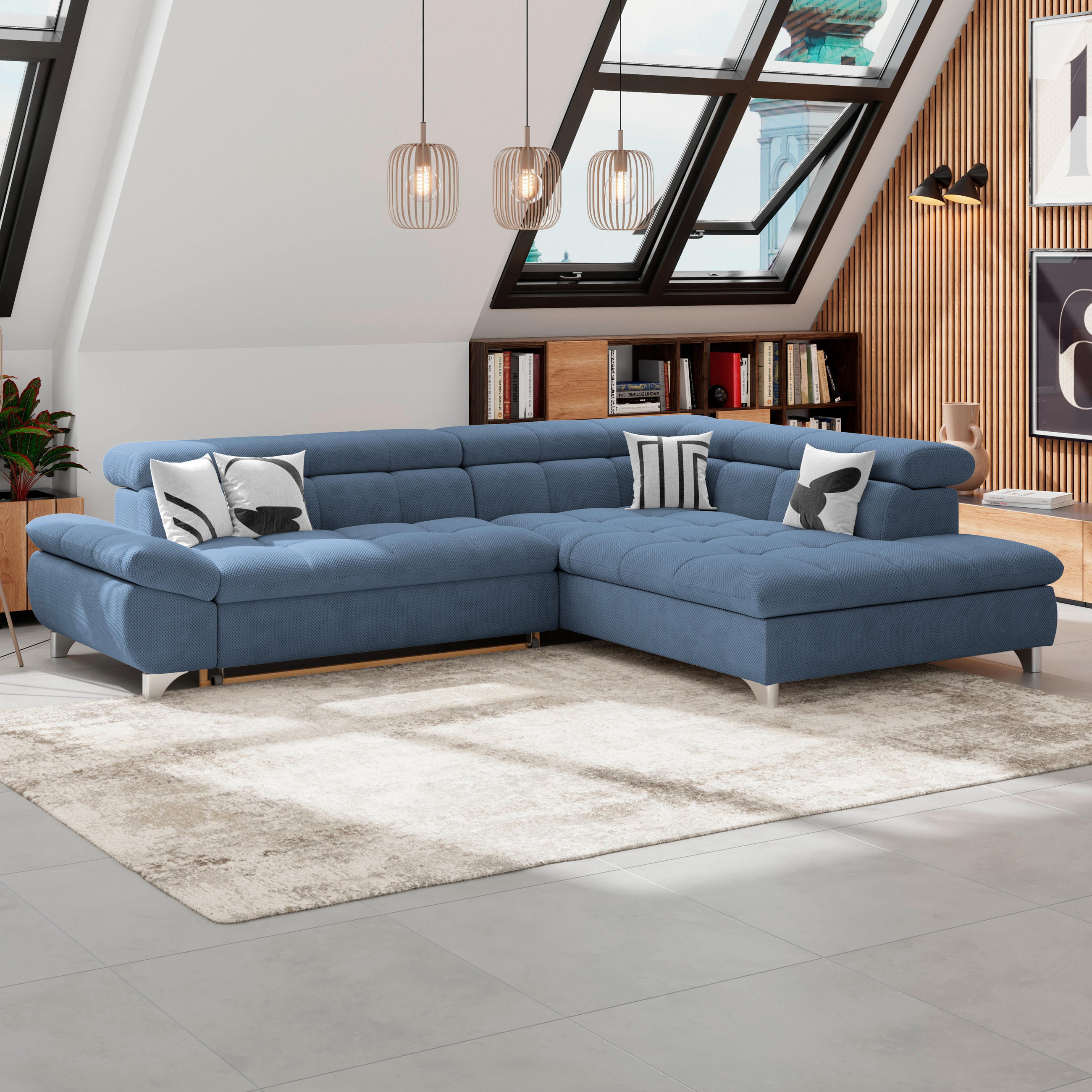 ECKSOFA Dunkelblau Chenille  - Chromfarben/Dunkelblau, KONVENTIONELL, Textil/Metall (312/234cm) - Livetastic