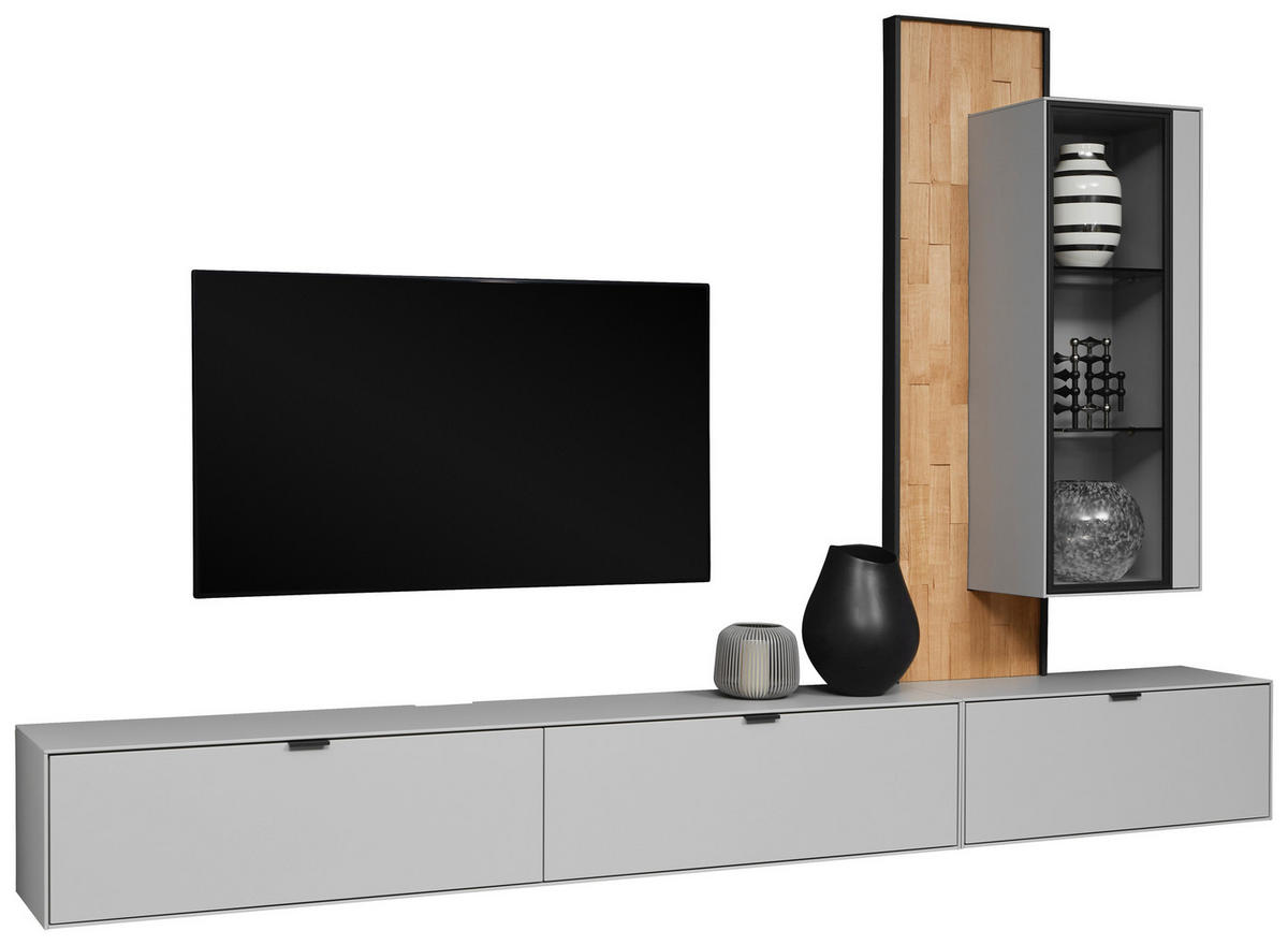WOHNWAND  in Grau, Wildeiche 303,8/220,3/37,1 cm  - Wildeiche/Schwarz, Design, Glas/Holz (303,8/220,3/37,1cm) - Dieter Knoll