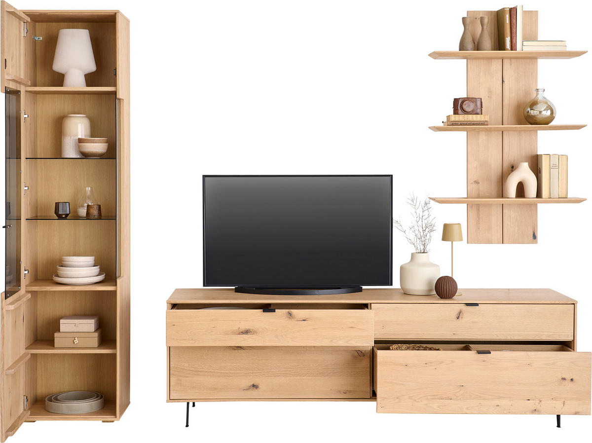 WOHNWAND  in Eichefarben 267/205/50 cm  - Eichefarben/Schwarz, Natur, Glas/Holz (267/205/50cm) - Cantus