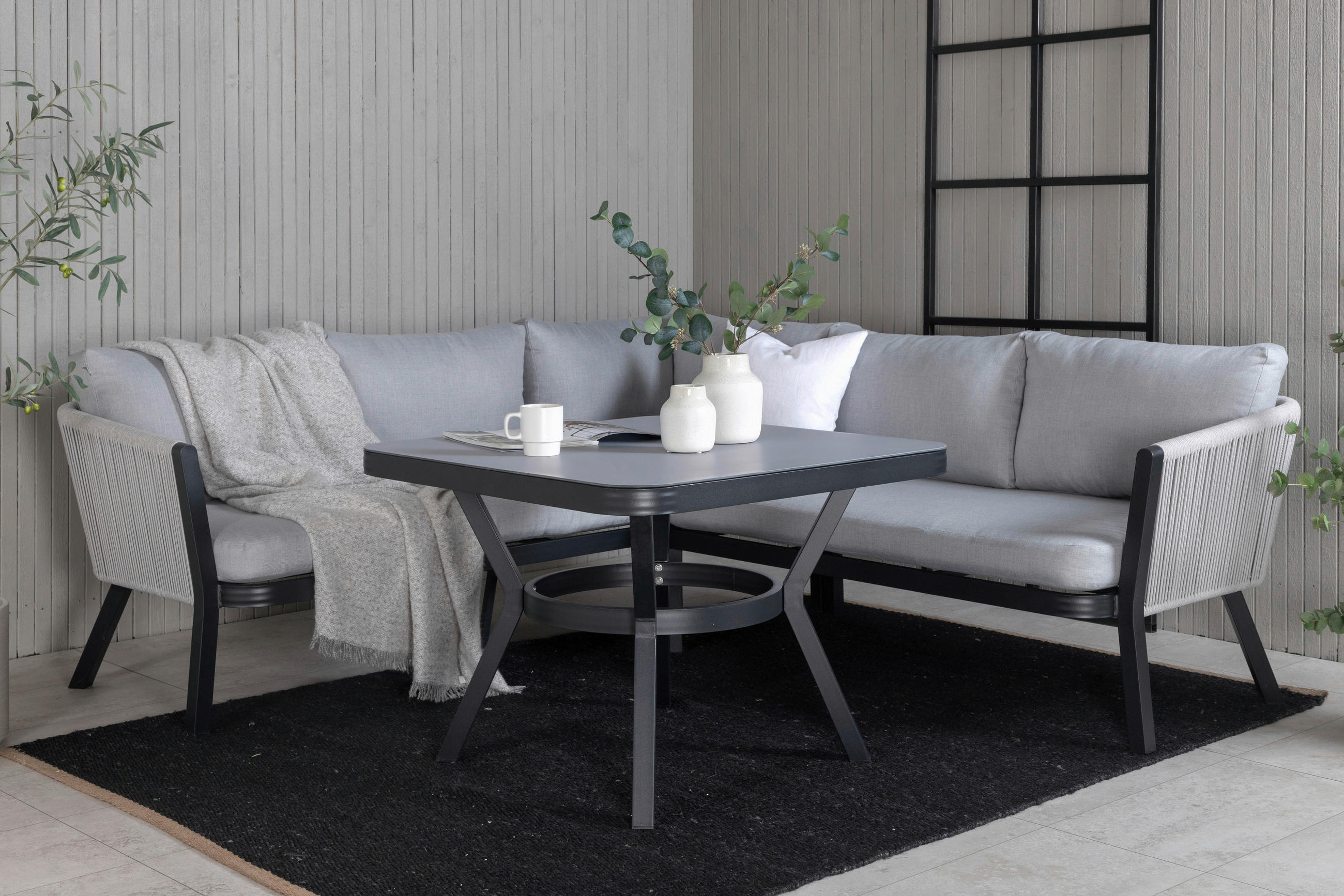 LOUNGEGARNITUR   Aluminium  - Schwarz/Grau, KONVENTIONELL, Textil/Metall - Gardenson