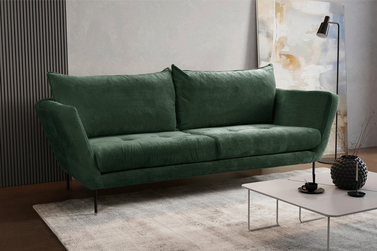 SOFA in Velours Grün  - Schwarz/Grün, Design, Textil/Metall (225/86/95cm) - MID.YOU