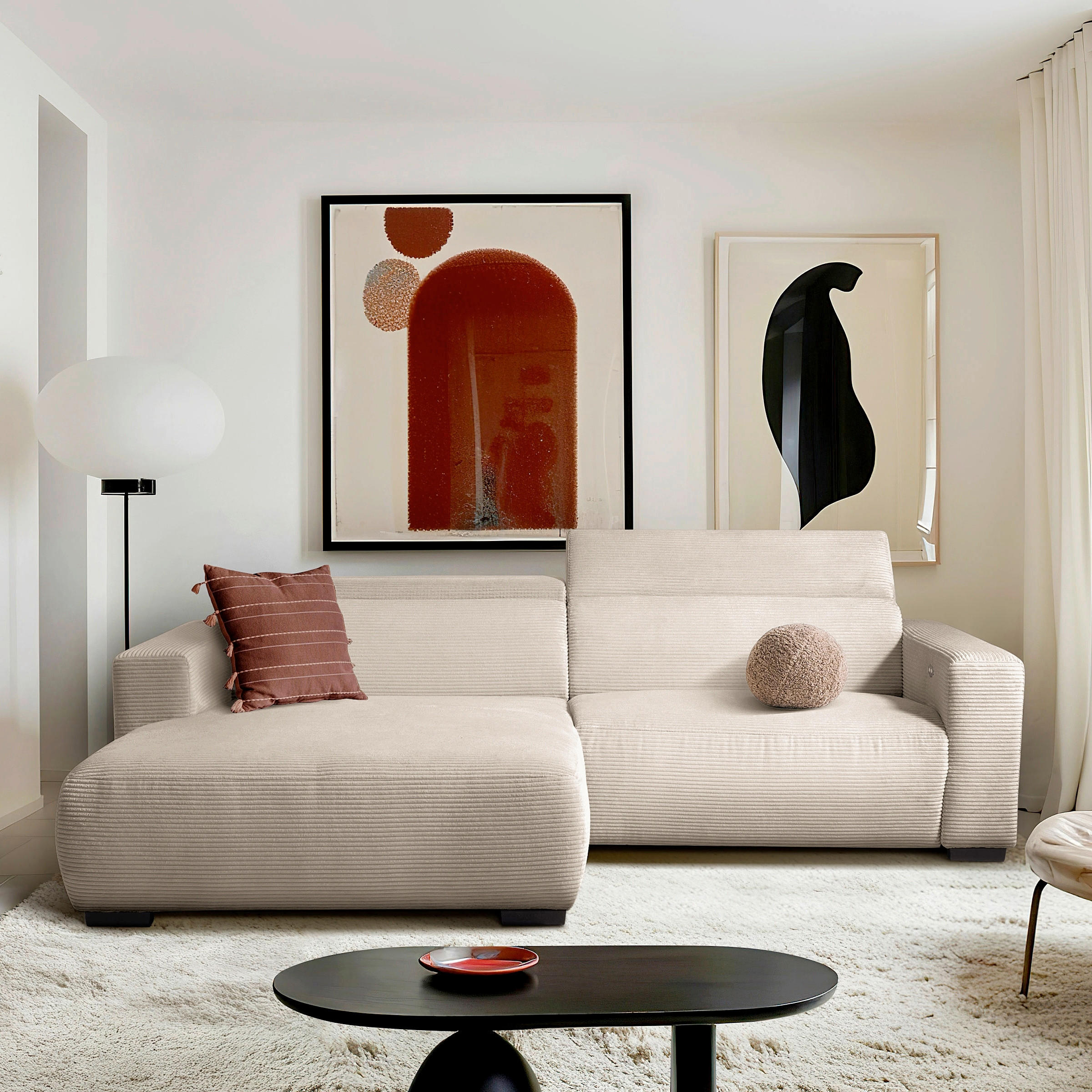 ECKSOFA RENO Hellgrau Cord Relaxfunktion, Kopfteilverstellung  - Hellgrau/Schwarz, Design, Kunststoff/Textil (184/248cm) - Livetastic