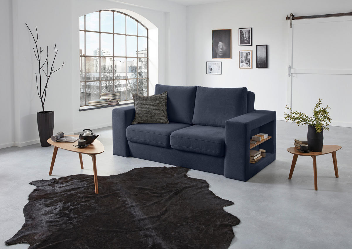 DREISITZER-SOFA inkl. Hocker Webstoff Dunkelblau  - Eichefarben/Dunkelblau, Design, Holz/Textil (212/96/107cm) - LOOKS by W.Joop