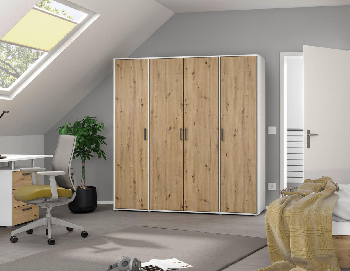 DREHTÜRENSCHRANK in Weiss, Eiche Artisan  - Weiss/Eiche Artisan, Modern, Holzwerkstoff/Kunststoff (187/194/53cm) - Rauch Möbel