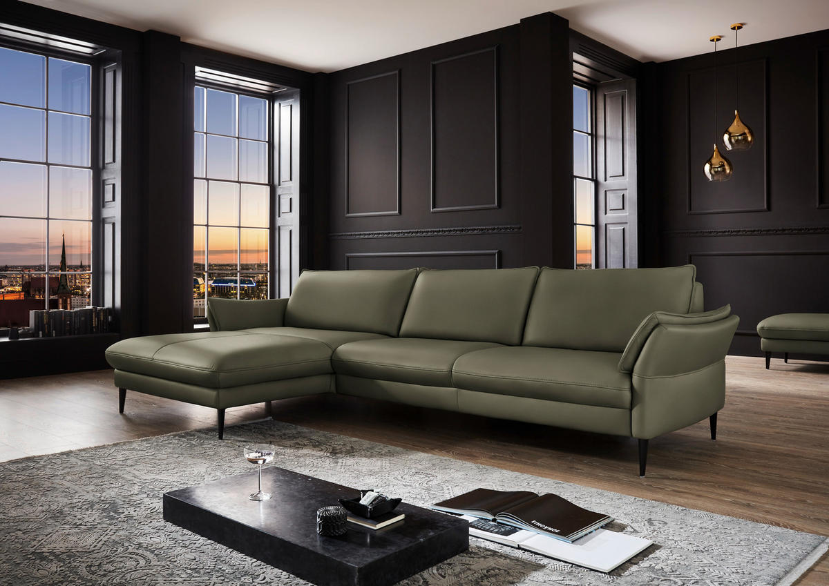 ECKSOFA in Echtleder Grau, Grün  - Schwarz/Grau, Design, Leder/Metall (172/334cm) - Hukla