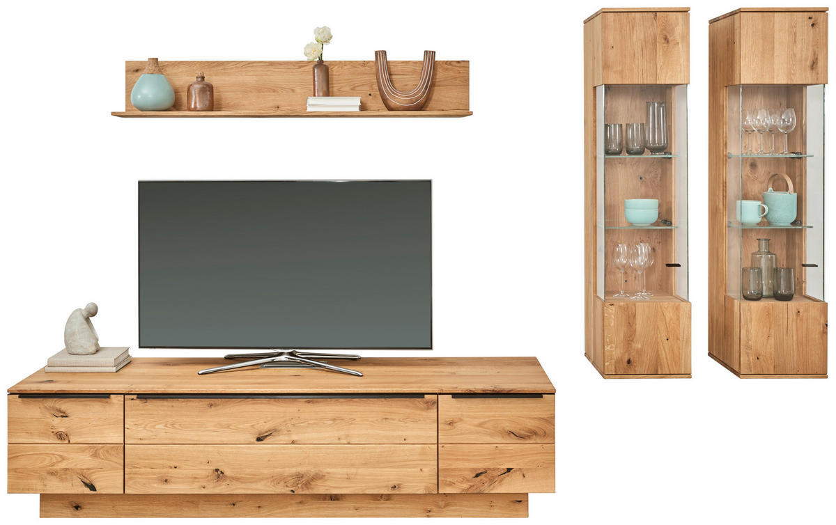 WOHNWAND  in Eichefarben 320/200,8/53,7 cm  - Eichefarben/Schwarz, Natur, Glas/Holz (320/200,8/53,7cm) - Valnatura