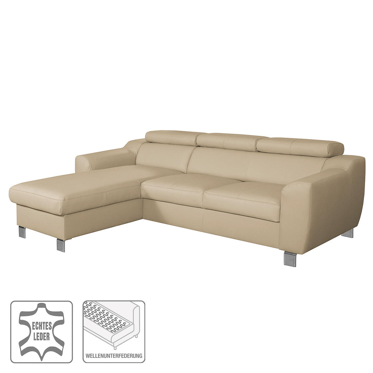 ECKSOFA in Lederlook Echtleder Beige  - Chromfarben/Beige, Design, Leder/Textil (176/242cm) - Livetastic