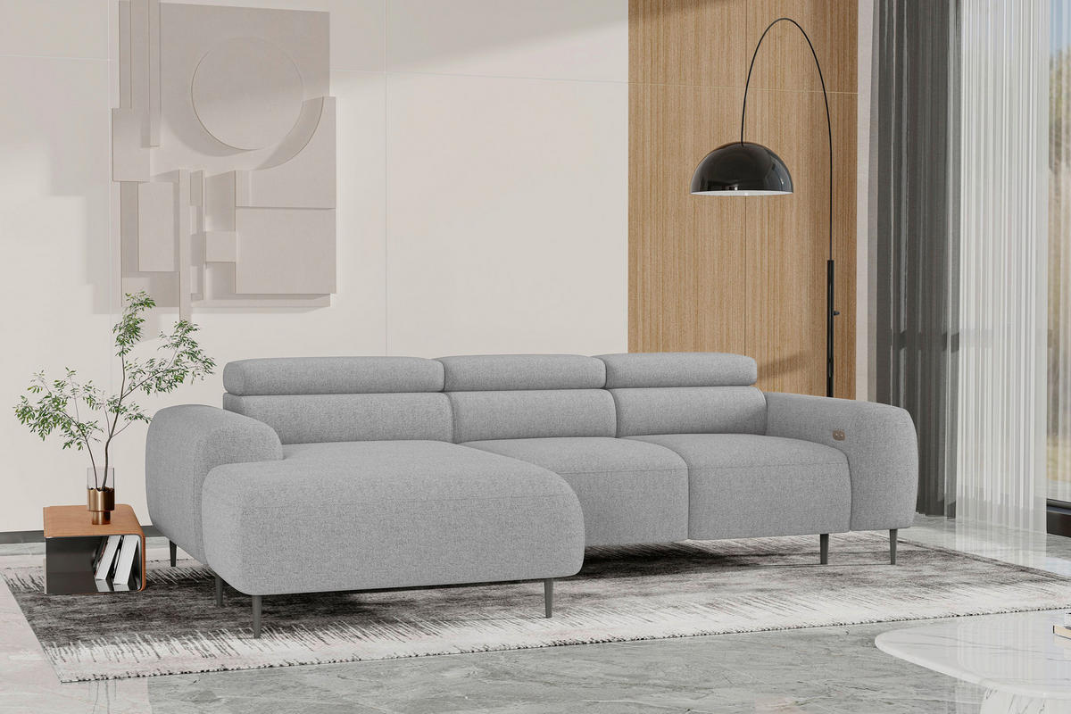 ECKSOFA Hellgrau Struktur Rücken echt, Kopfteilverstellung, Sitztiefenverstellung  - Hellgrau/Schwarz, MODERN, Textil/Metall (179/274cm) - Welnova