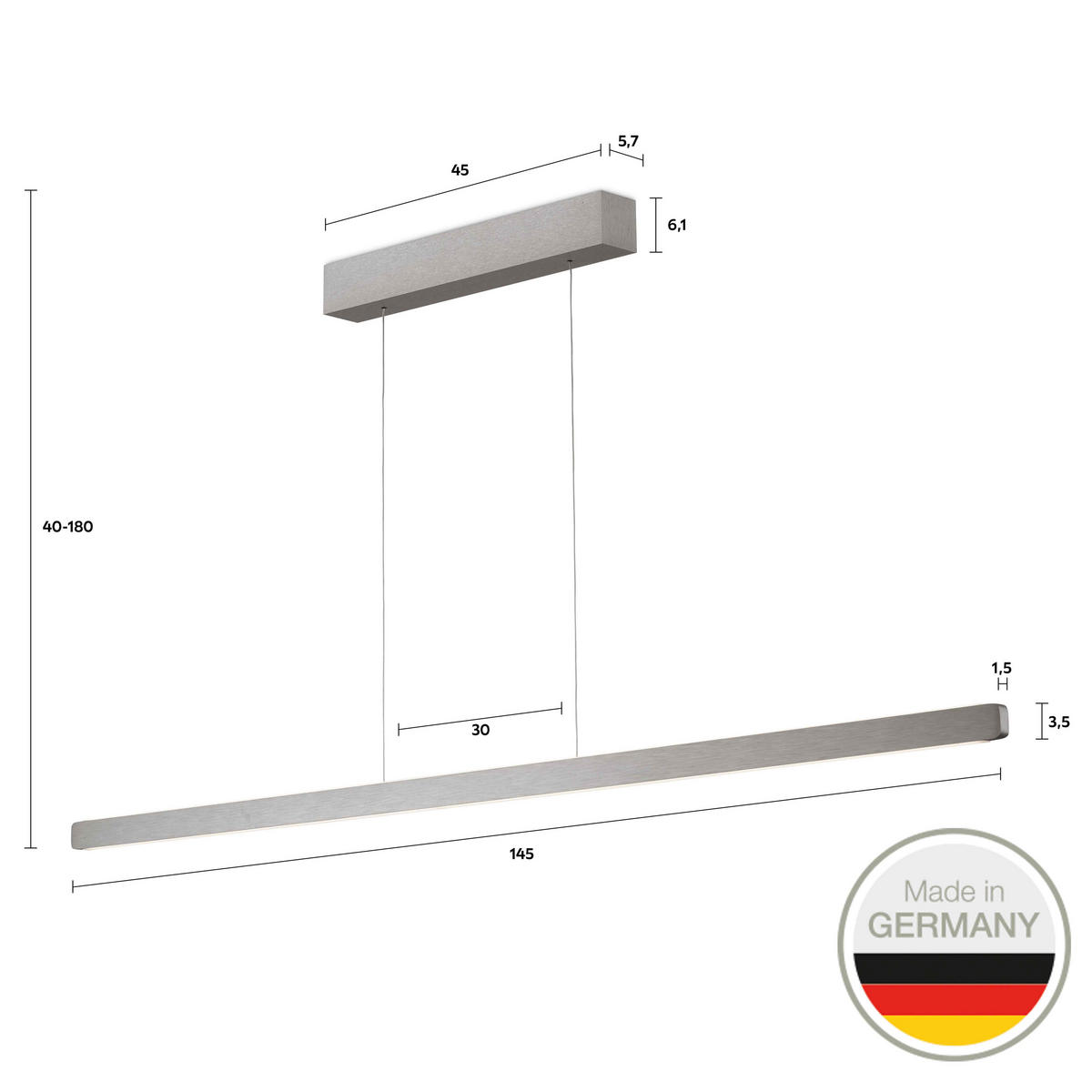 LED-HÄNGELEUCHTE 650 145/1,5/3,5 cm   - Nickelfarben, Design, Metall (145/1,5/3,5cm) - Ambiente