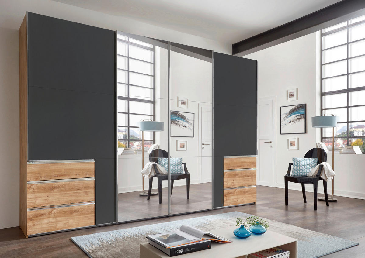 SCHWEBETÜRENSCHRANK 300/216/65 cm 4-türig Graphitfarben, Eichefarben  - Chromfarben/Eichefarben, MODERN, Glas/Holzwerkstoff (300/216/65cm) - MID.YOU