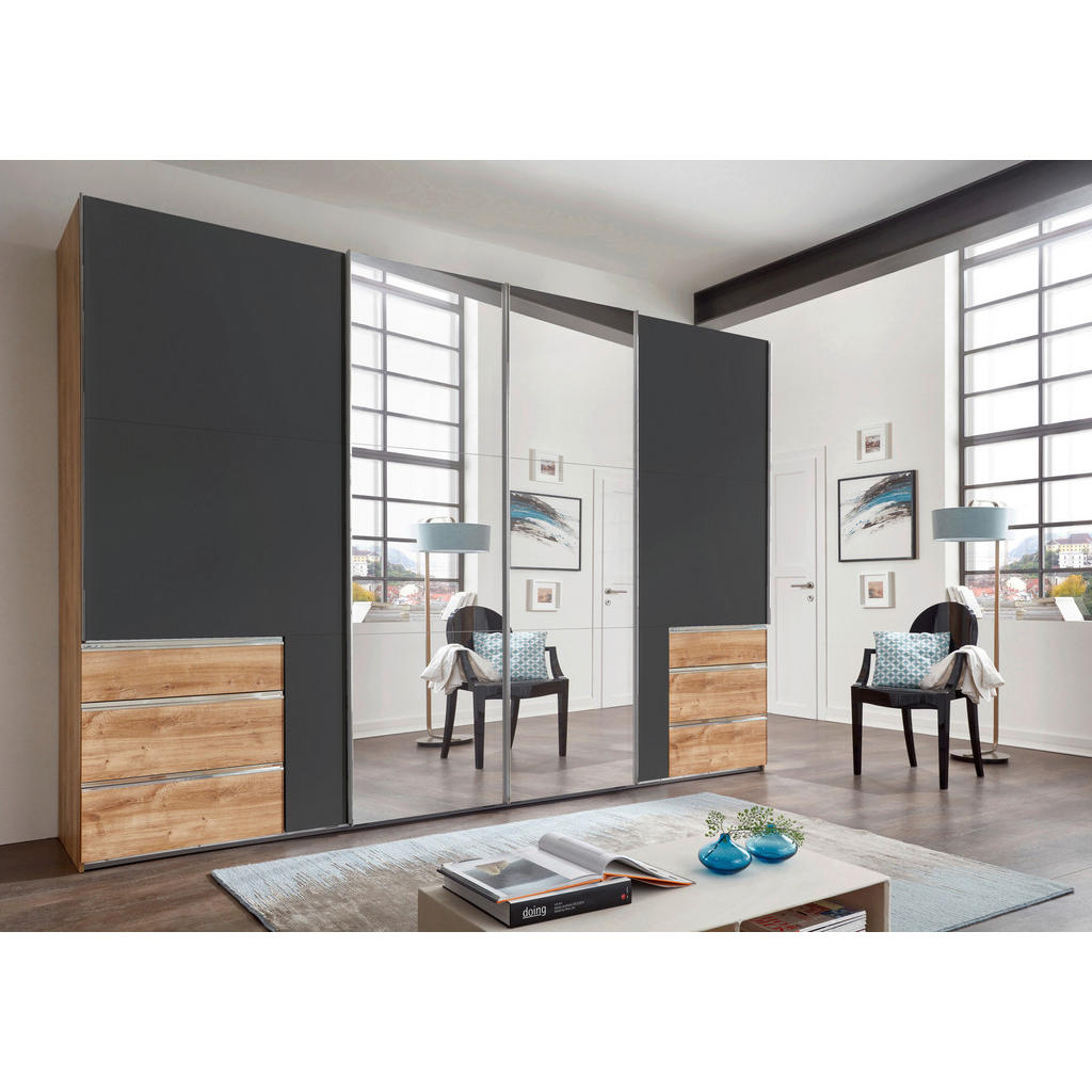 Thumbnail - Mid.you Schwebetürenschrank Wimex Level 36A, Graphit, Eiche, Metall, 5 Fächer, 6 Schubladen, 300x216x65 cm, BQ - Bündnis...