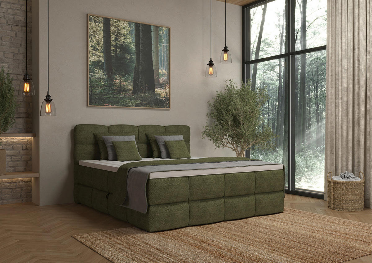 BOXSPRINGBETT 180/200 cm,  in Grün, gepolstertes Kopfteil, Bettkasten, Topper, Matratzen, H3 + H3 = fest  - Schwarz/Grün, Design, Kunststoff/Textil (180/200cm) - Chameo