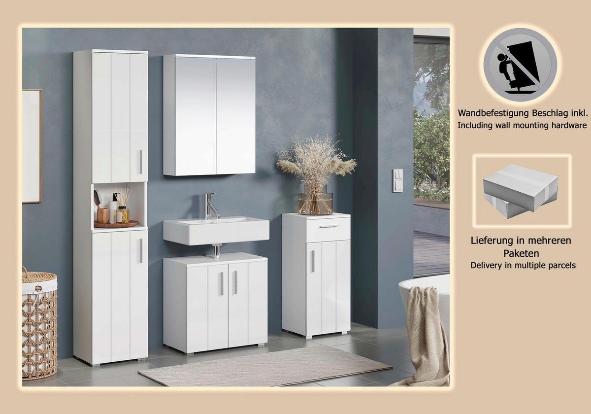 BADEZIMMER 4-teilig  in 164 cm  - Weiß Hochglanz/Silberfarben, Trend, Glas/Holzwerkstoff (164cm) - MID.YOU