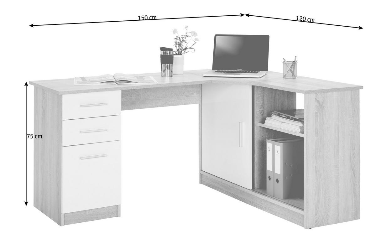 ECKSCHREIBTISCH 150/120/75 cm  in Weiß, Eichefarben  - Eichefarben/Alufarben, KONVENTIONELL, Holzwerkstoff/Kunststoff (150/120/75cm) - Venda