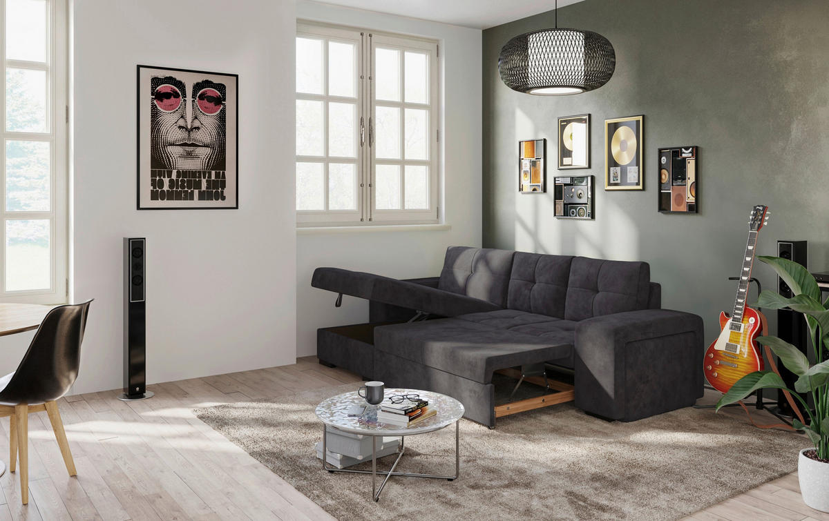 ECKSCHLAFSOFA in Mikrofaser Schwarz  - Schwarz, Modern, Kunststoff/Textil (156/268cm) - MID.YOU