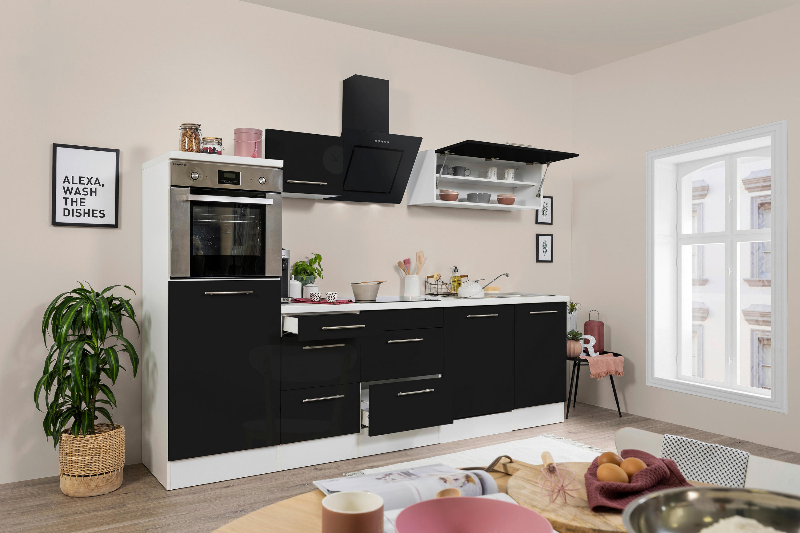 KÜCHENBLOCK 280 cm   in Schwarz, Weiß  - Edelstahlfarben/Schwarz, KONVENTIONELL, Holzwerkstoff/Metall (280cm) - Respekta