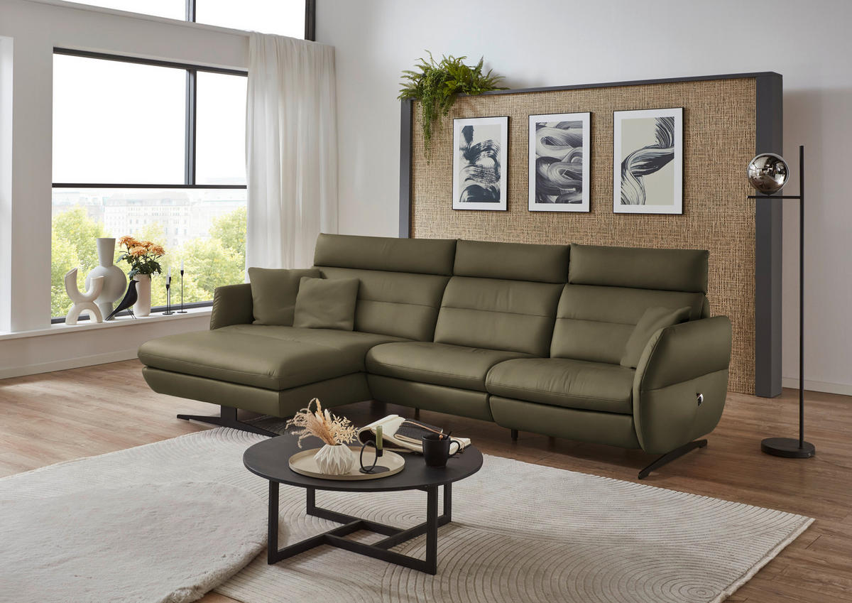 ECKSOFA in Echtleder Olivgrün  - Schwarz/Olivgrün, Design, Leder/Metall (169/298cm) - Dieter Knoll