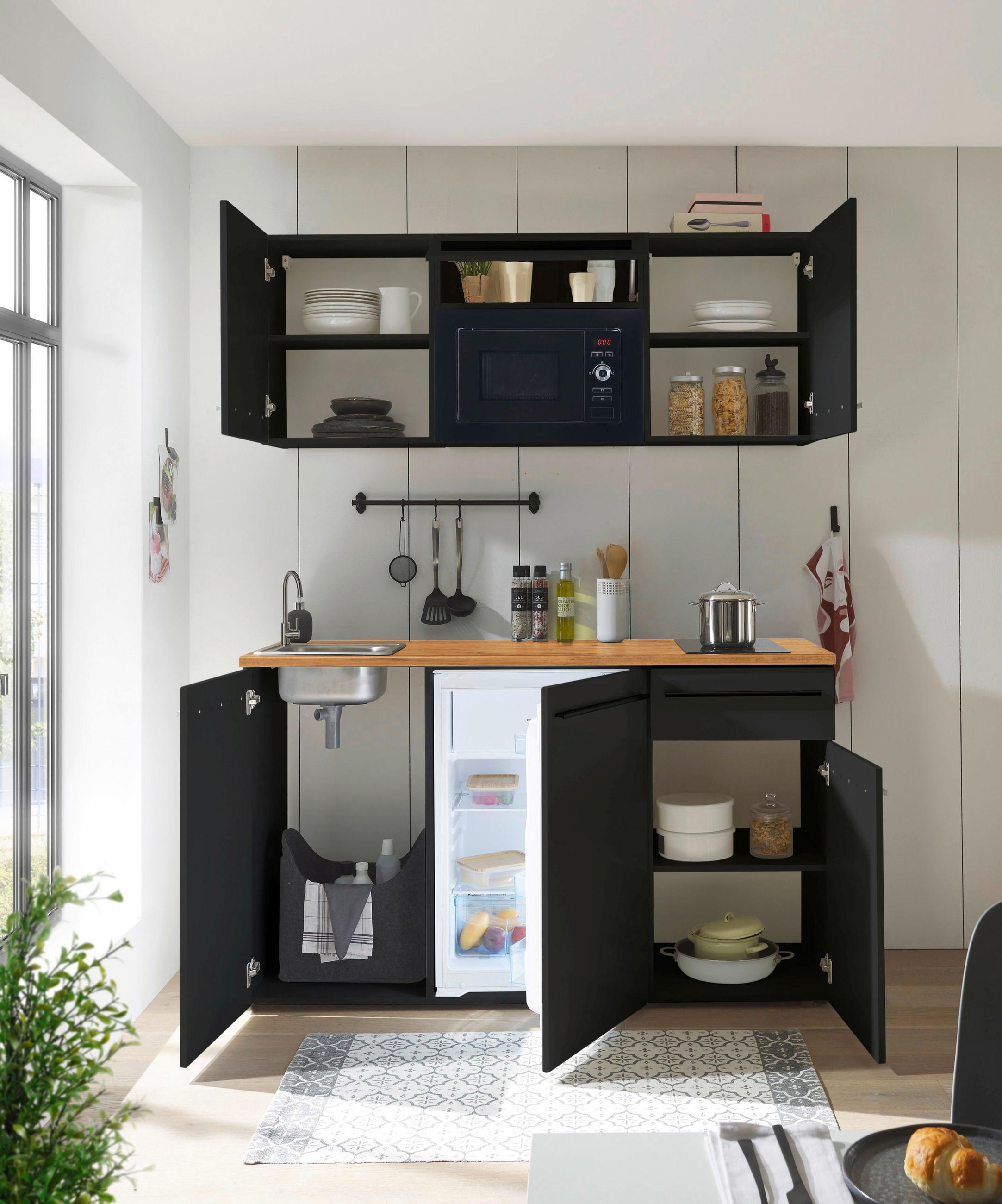 KÜCHENBLOCK 160 cm   in Schwarz, Eichefarben  - Eichefarben/Schwarz, Trend, Holzwerkstoff/Kunststoff (160cm) - Carryhome