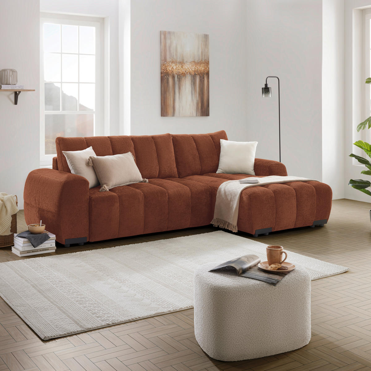 ECKSOFA Flachgewebe Terracotta  - Schwarz Hochglanz/Terracotta, Modern, Textil/Metall (273/93/166cm) - MID.YOU