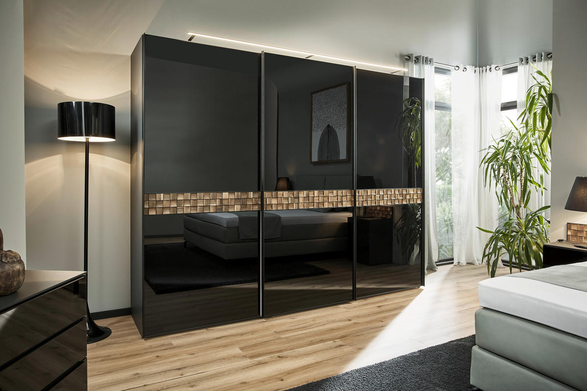 SCHWEBETÜRENSCHRANK 249/222/68 cm 3-türig Anthrazit, Schwarz, Eiche dunkel  - Eiche dunkel/Anthrazit, Design, Glas/Holz (249/222/68cm) - Dieter Knoll