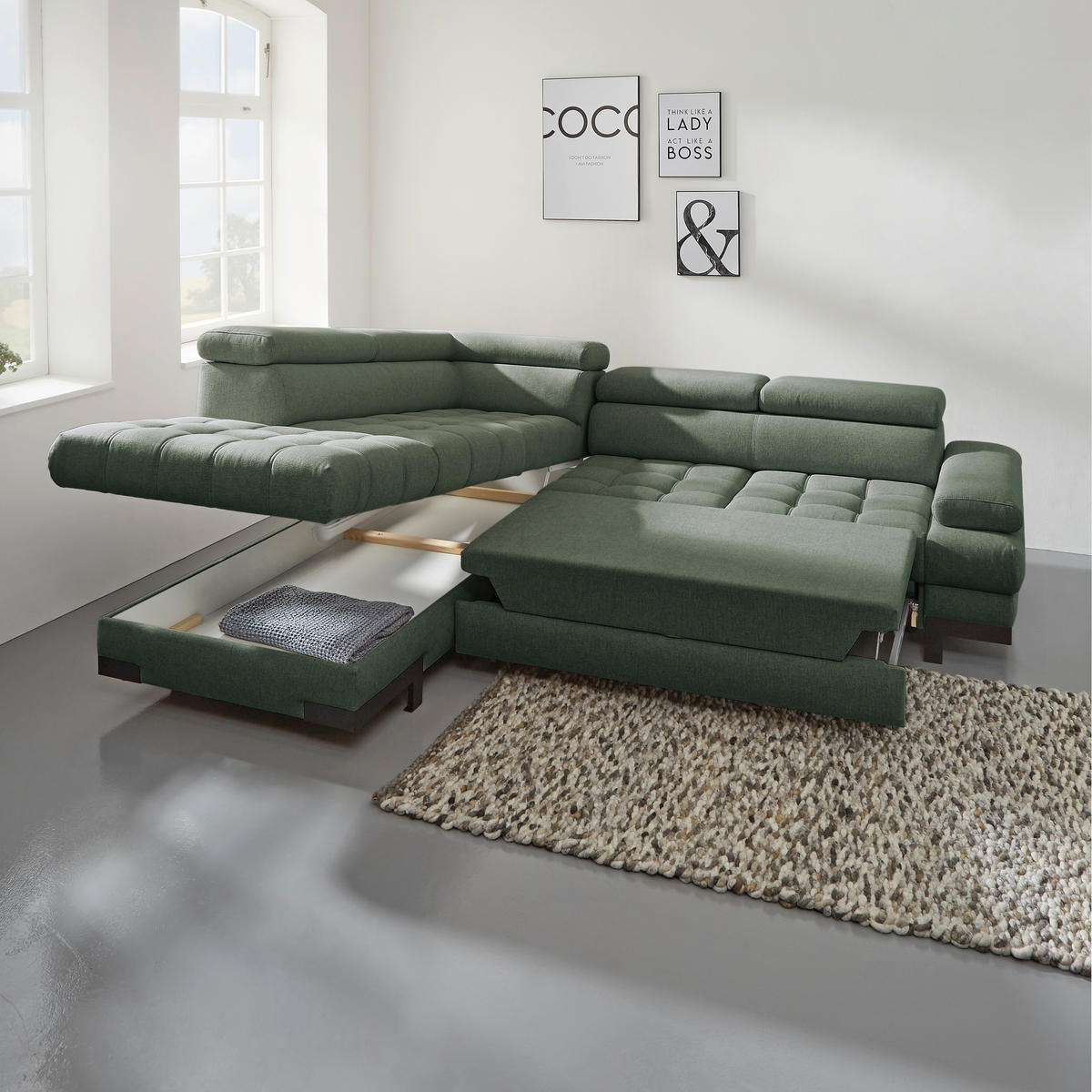 ECKSOFA in Webstoff Dunkelgrün  - Dunkelgrün/Schwarz, Design, Textil/Metall (223/263cm) - Welnova