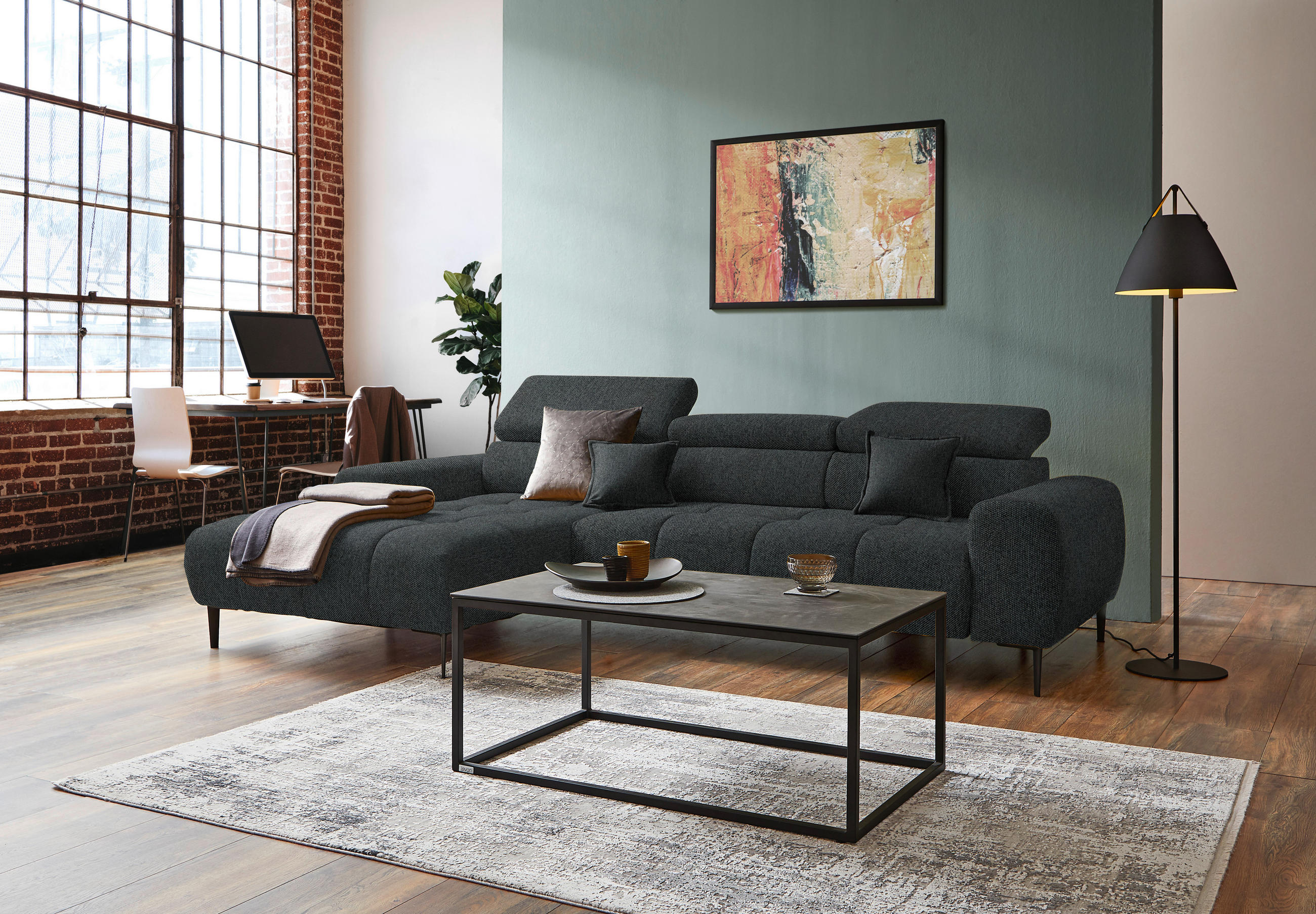 ECKSOFA in Webstoff Graphitfarben  - Schwarz/Graphitfarben, Design, Textil/Metall (177/270cm) - Welnova