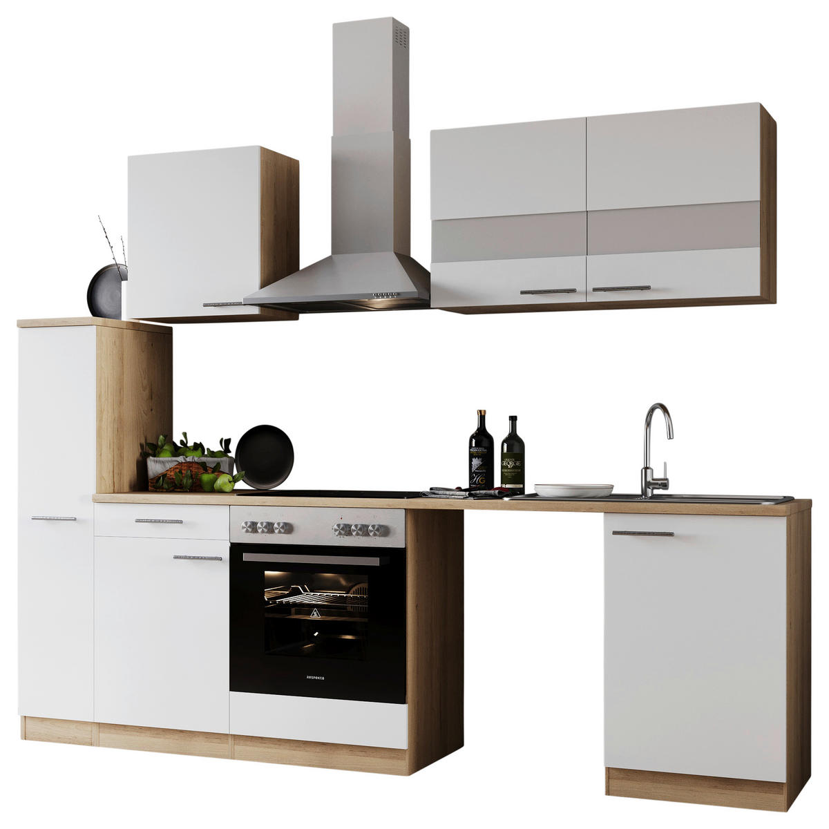 KÜCHENBLOCK 250 cm   in Weiß  - Edelstahlfarben/Eichefarben, Basics, Glas/Holzwerkstoff (250cm) - Respekta