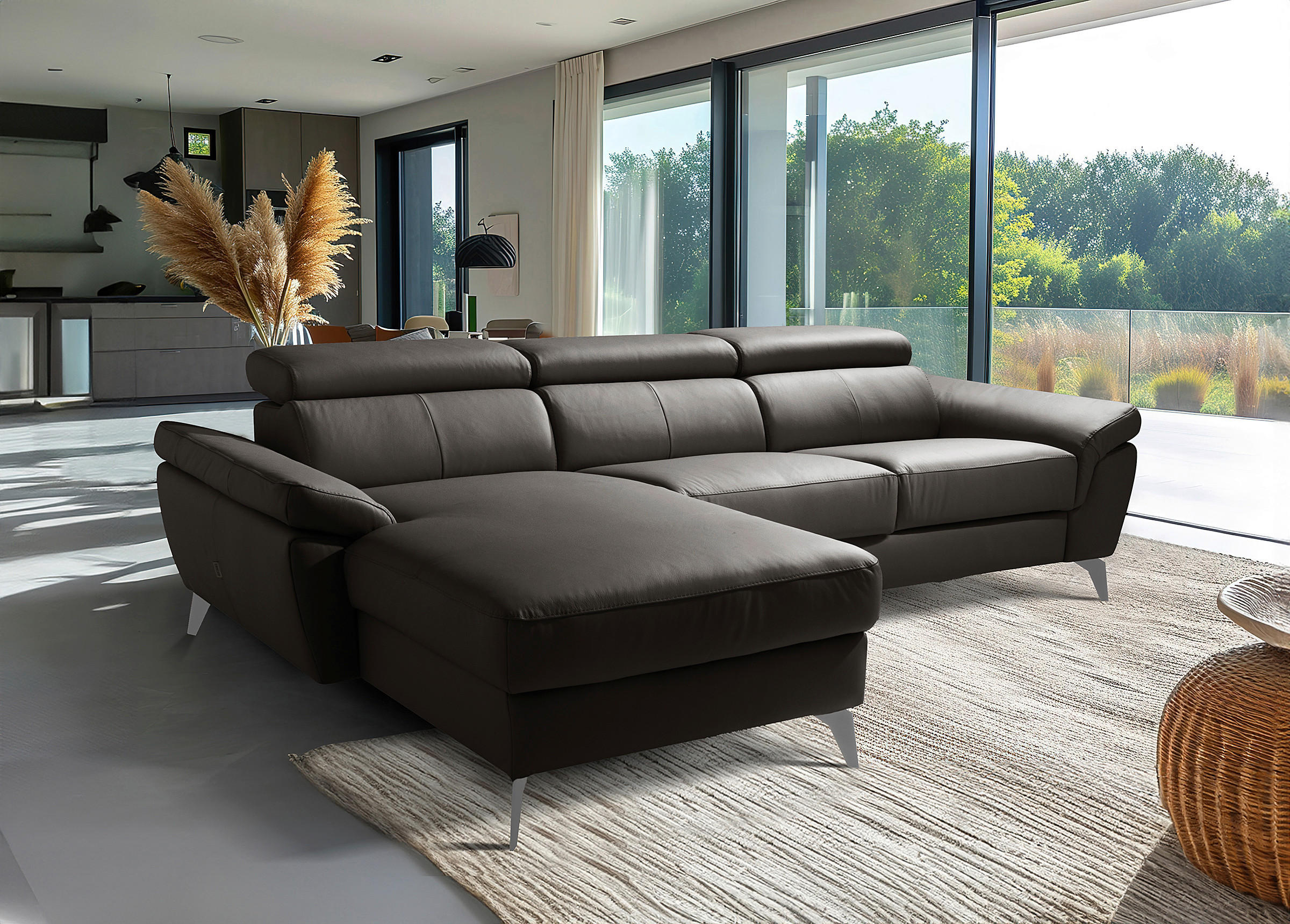 ECKSOFA Dunkelbraun Echtleder Lederlook Bettkasten, Schlaffunktion, Rücken echt, Armteilverstellung, Kopfteilverstellung  - Chromfarben/Dunkelbraun, Design, Leder/Textil (179/252cm) - Livetastic
