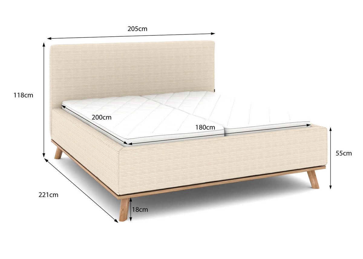 POLSTERBETT Matratze, Lattenrost, Bettkasten 180/200 cm  in Creme  - Eichefarben/Creme, Design, Holz/Textil (180/200cm) - Musterring