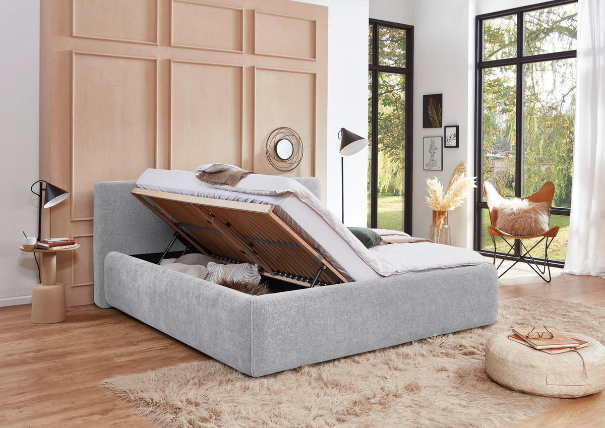 POLSTERBETT 160/200 cm,  in Hellgrau, Bettkasten, Lattenroste,  - Birkefarben/Buchefarben, Design, Holz/Textil (160/200cm) - Xora