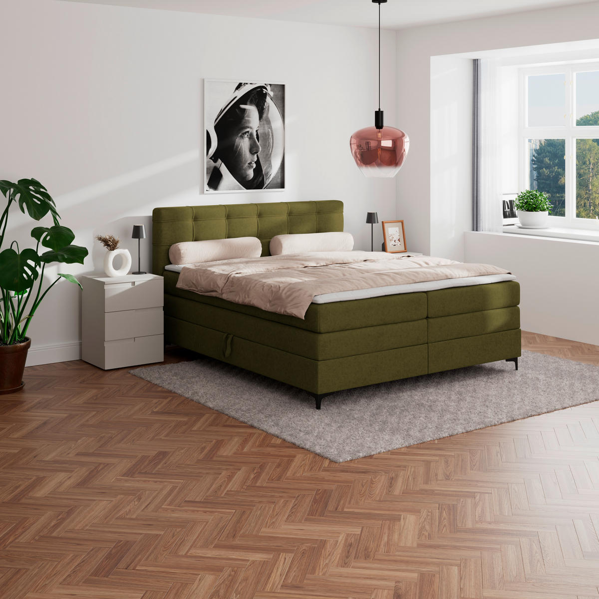 BOXSPRINGBETT 180/200 cm,  in Grün, H3 = fest  - Schwarz/Grün, KONVENTIONELL, Kunststoff/Textil (180/200cm)