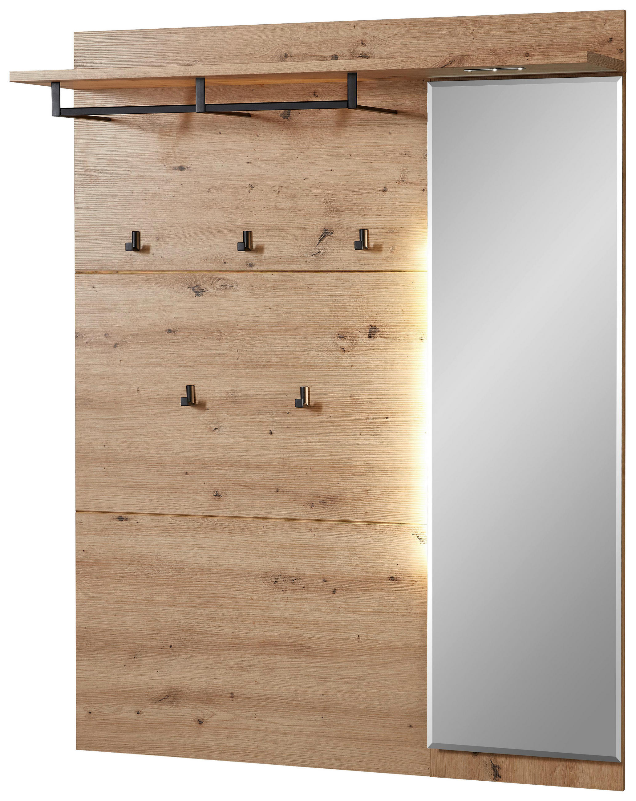 Thumbnail - Voleo Garderobenpaneel, Eiche Artisan, Metall, Glas, Holzwerkstoff, 120x153x30 cm, Hutablage, Kleiderstange, Beleuchtung...