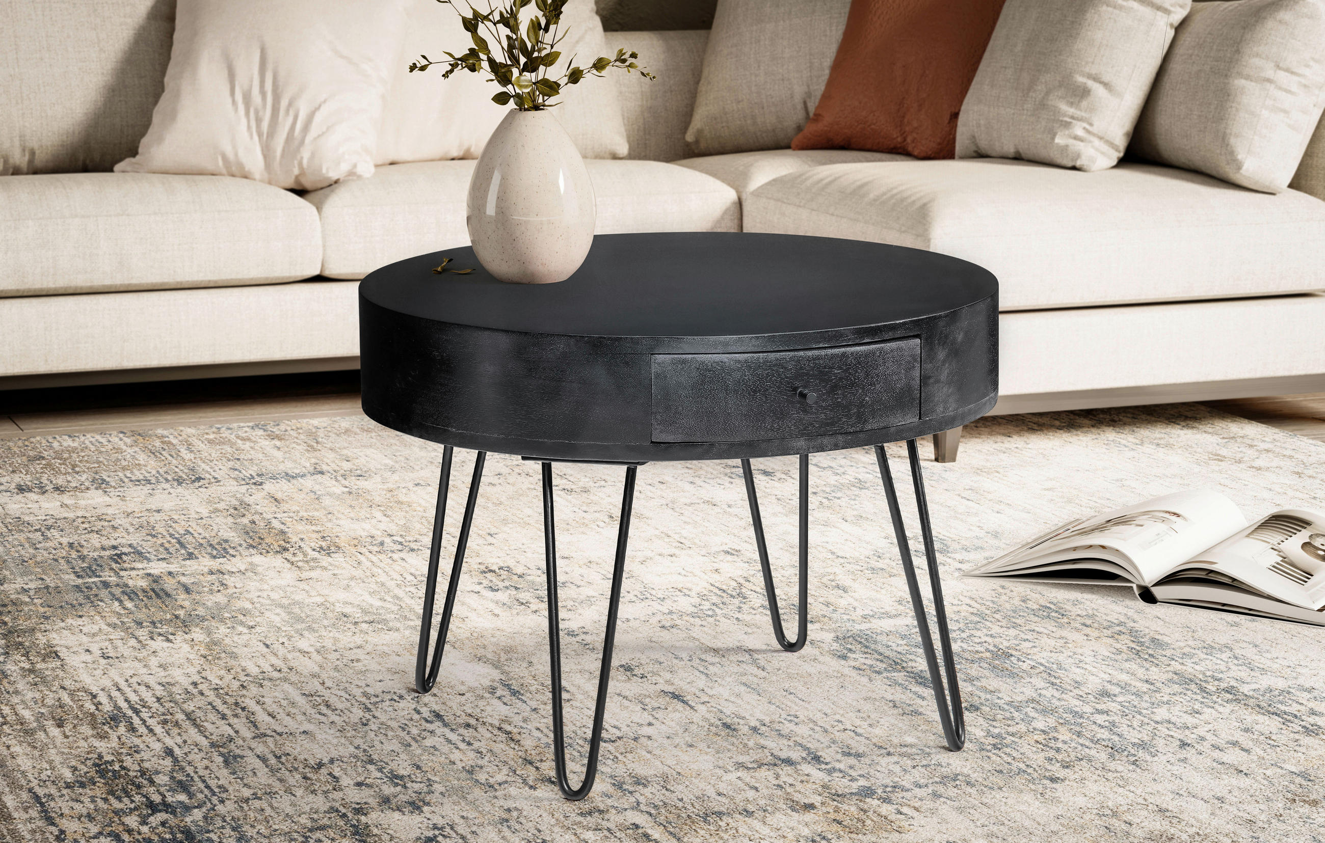 COUCHTISCH Mangoholz massiv 60/60/43 cm rund Schwarz  - Schwarz, Design, Holz/Metall (60/60/43cm) - MID.YOU