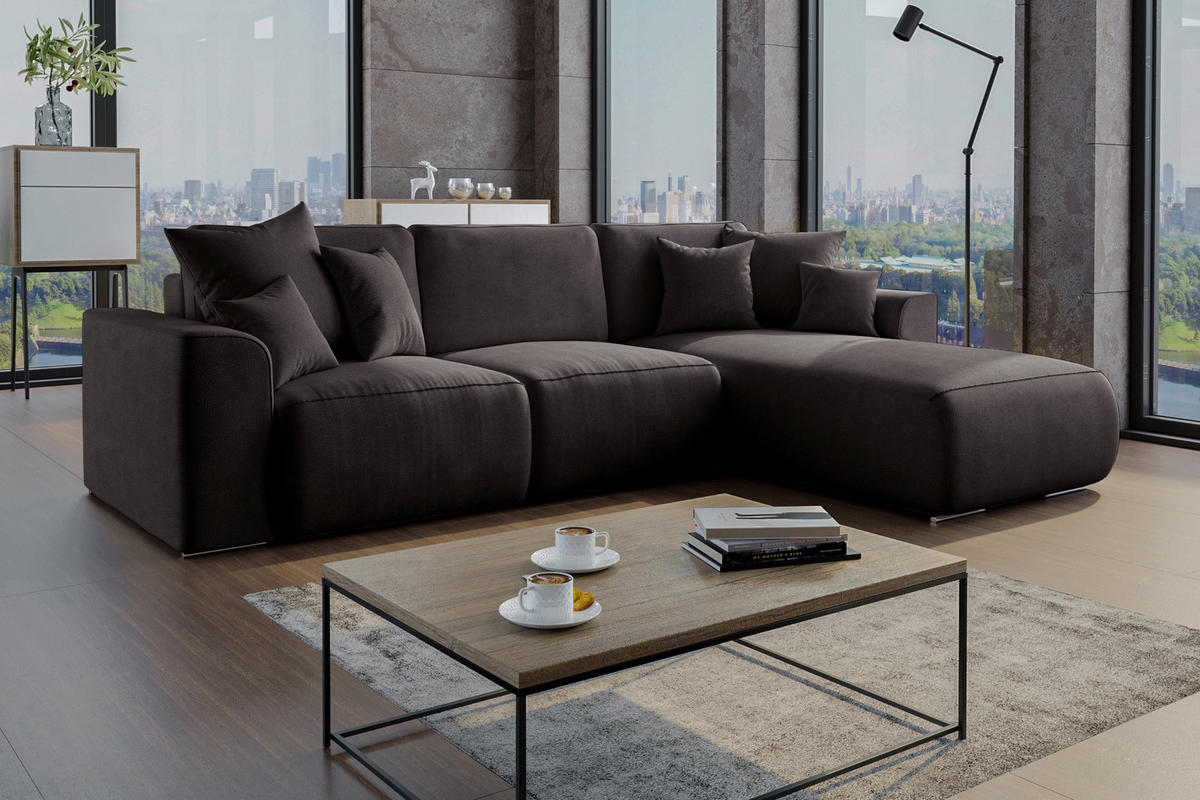 ECKSOFA Dunkelbraun Lederlook Zierkissen, Rückenkissen, Bettkasten, Schlaffunktion, Rücken echt, Liegefläche im Originalstoff  - Chromfarben/Dunkelbraun, KONVENTIONELL, Kunststoff/Textil (293/195cm) - Carryhome